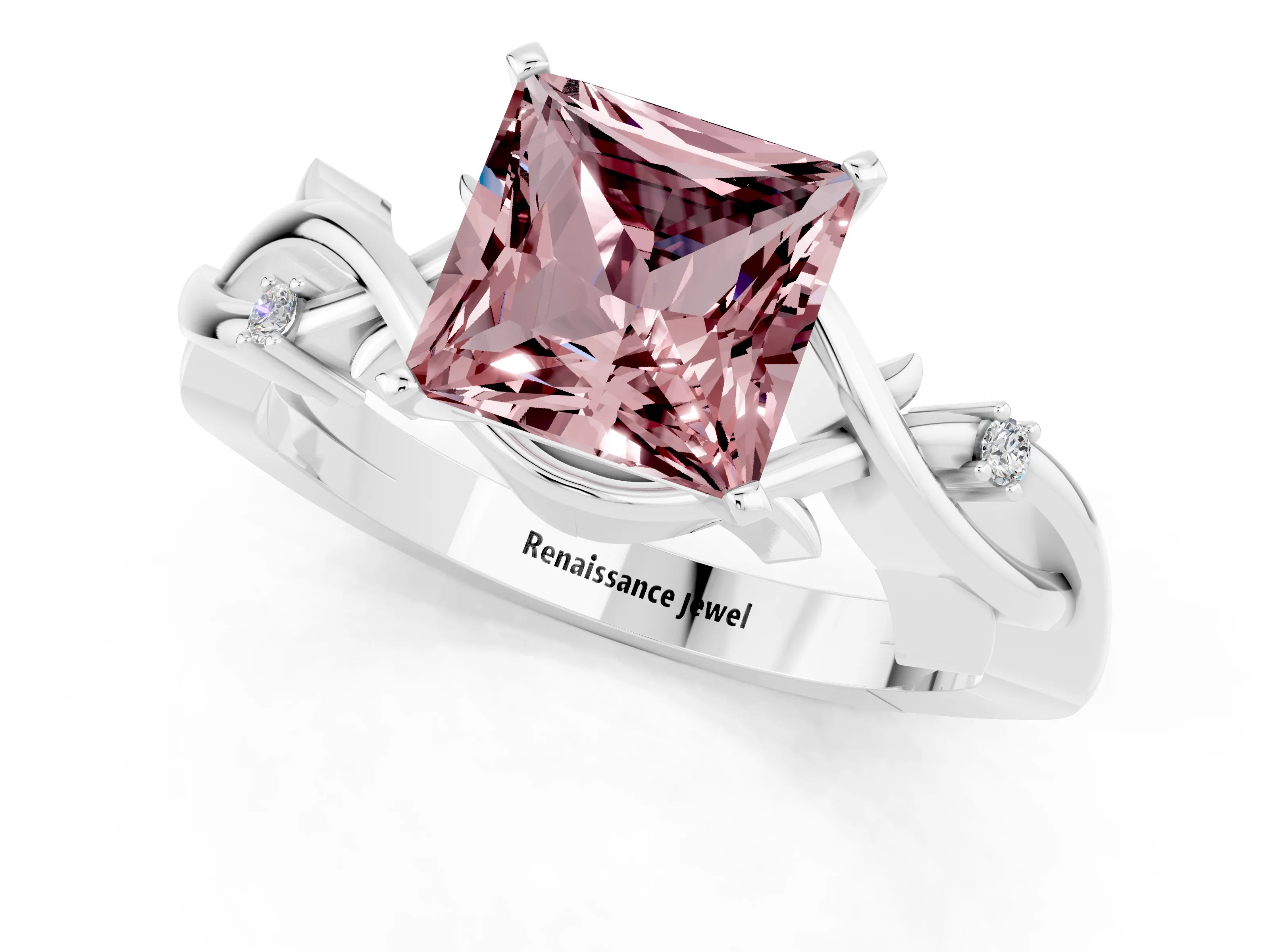 White gold Princess Cut Morganite Solitaire Ring with Twisted Band and Prong Setting_1