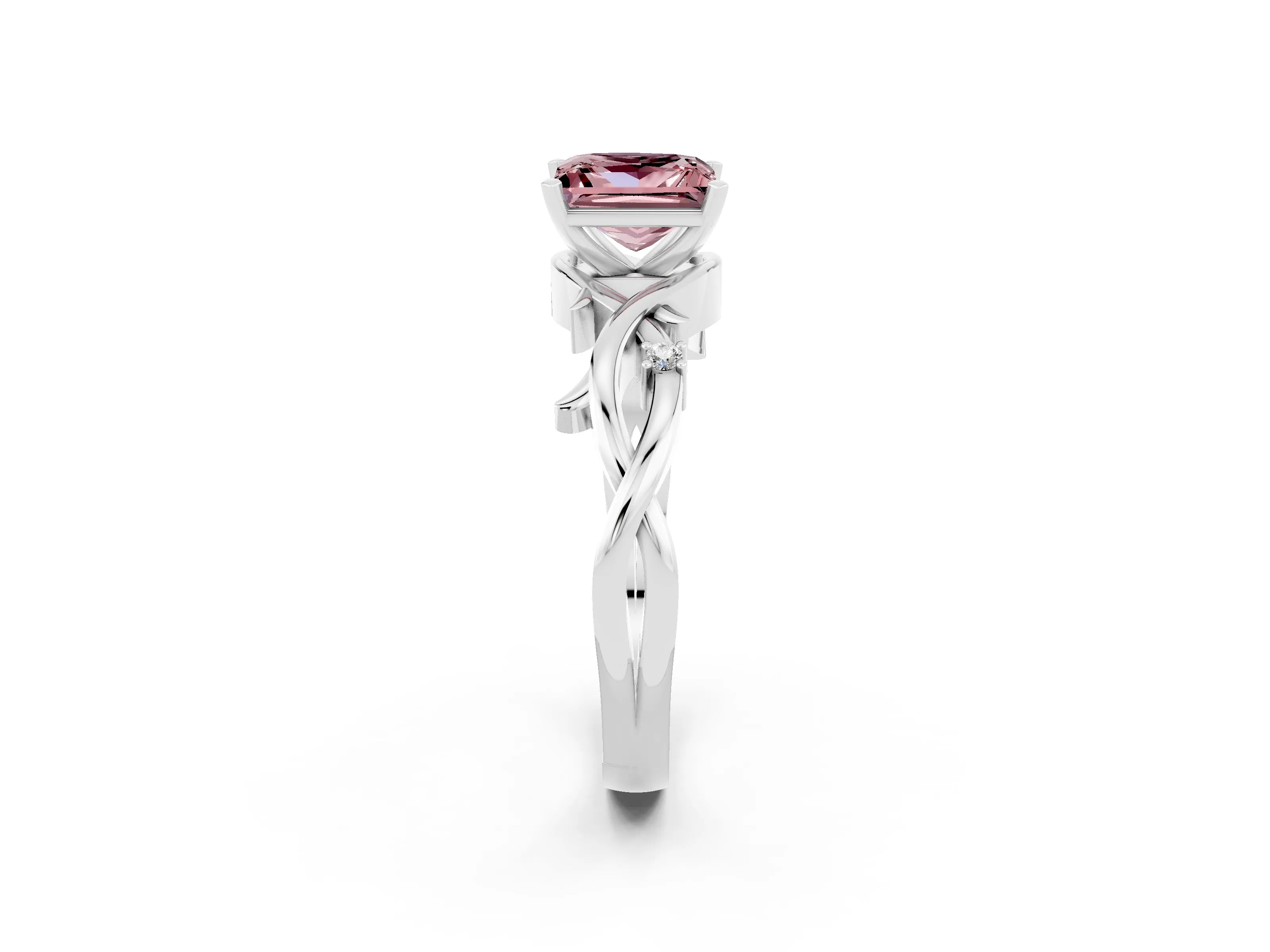 White gold Princess Cut Morganite Solitaire Ring with Twisted Band and Prong Setting_2