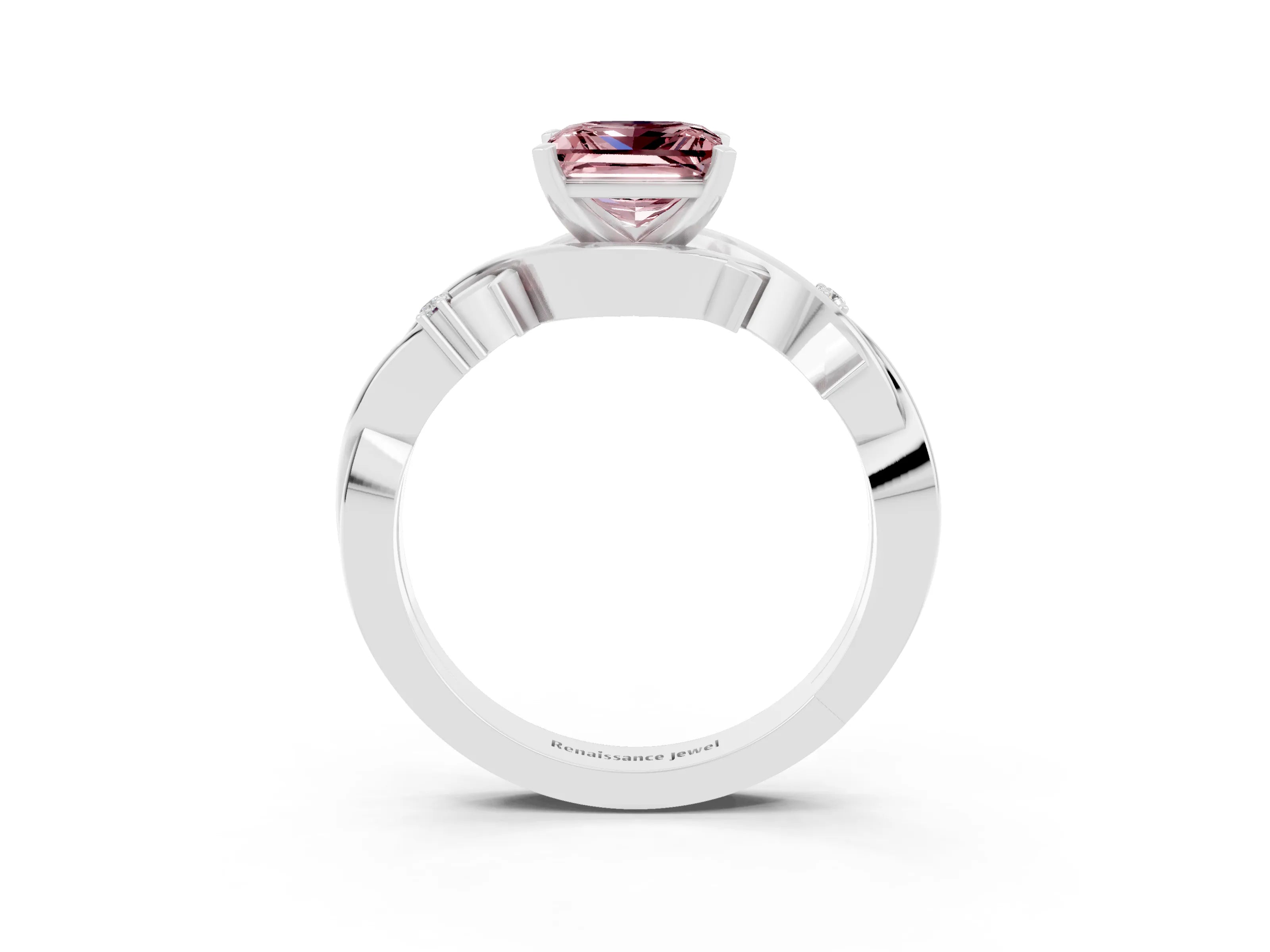 White gold Princess Cut Morganite Solitaire Ring with Twisted Band and Prong Setting_3