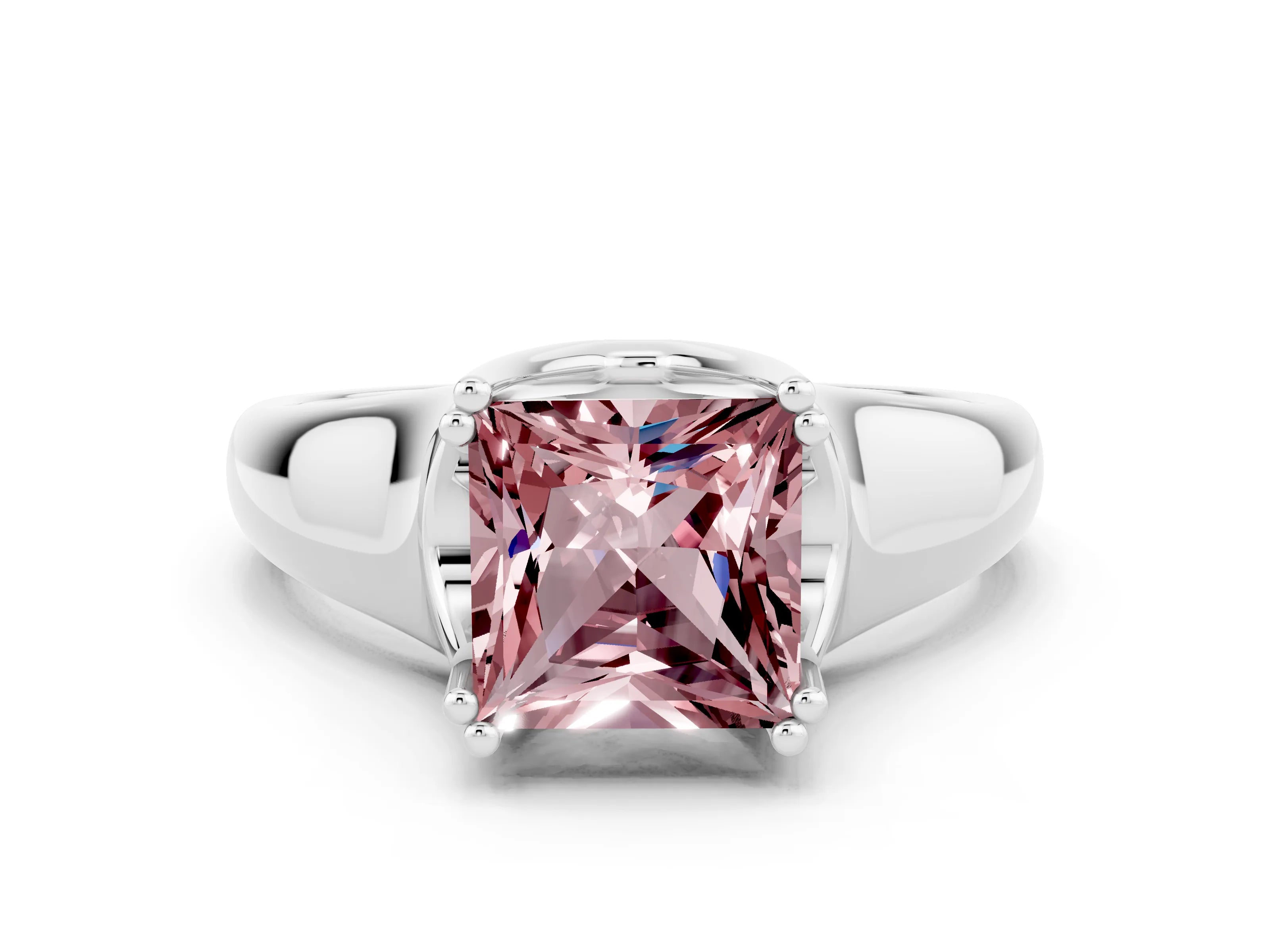 White gold Princess Cut Morganite Solitaire Ring with Wide Band and Prong Setting