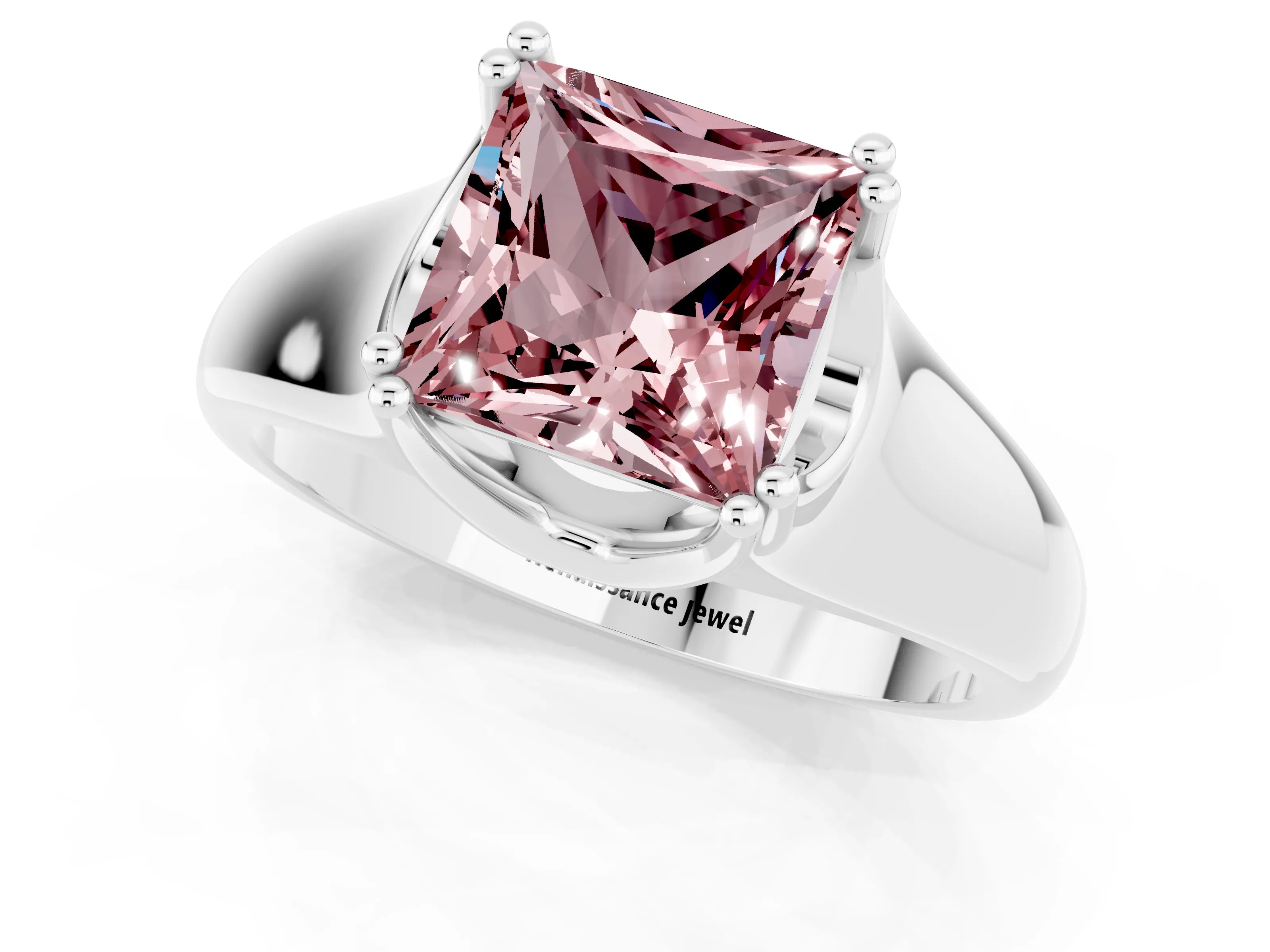 White gold Princess Cut Morganite Solitaire Ring with Wide Band and Prong Setting_1