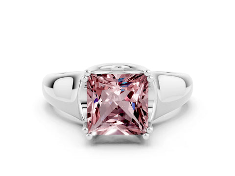 White gold Princess Cut Morganite Solitaire Ring with Wide Band and Prong Setting