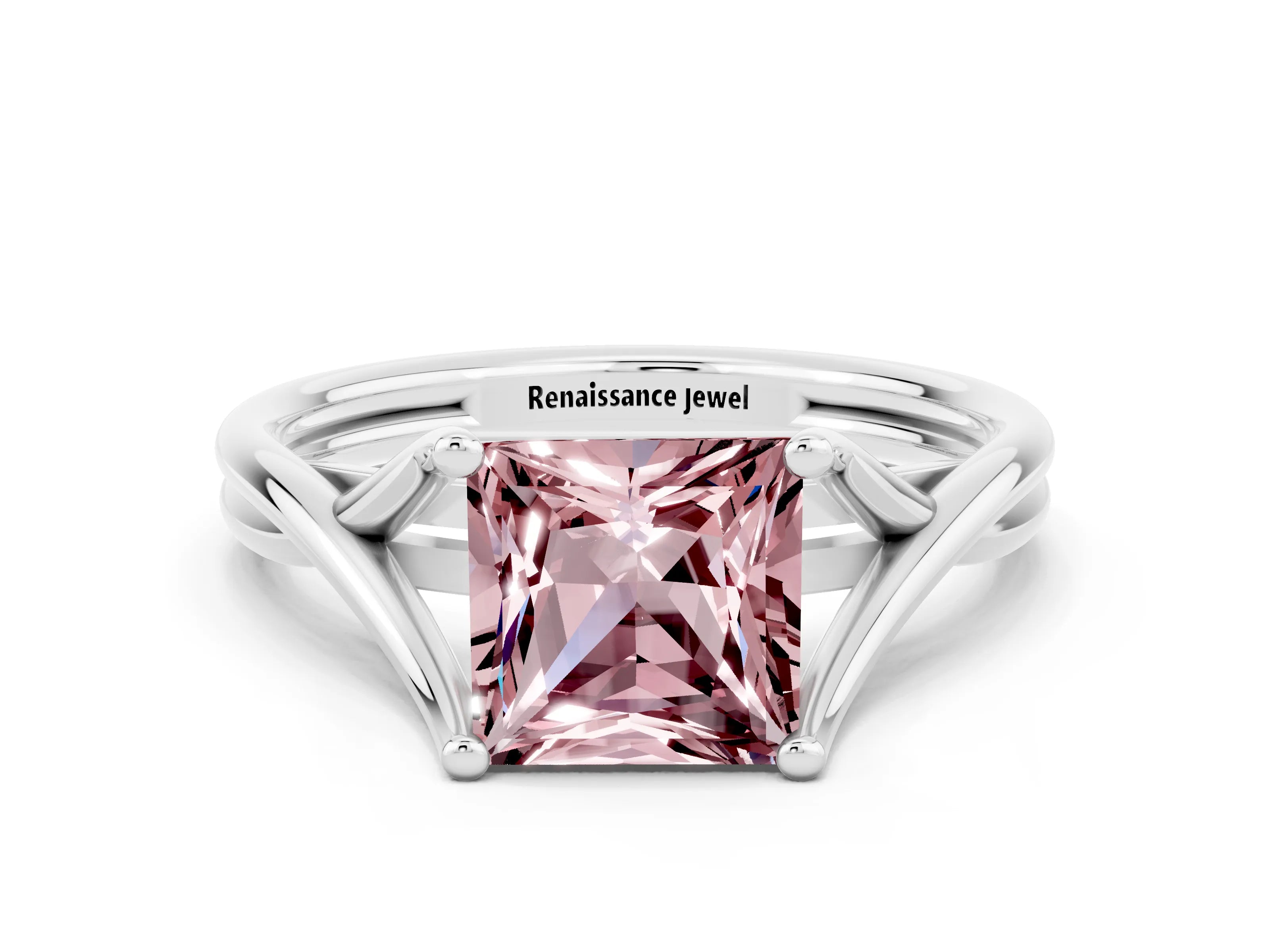 White gold Princess Cut Morganite Solitaire Twist Band Prong Setting Ring_36