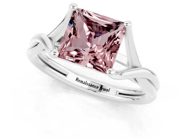 White gold Princess Cut Morganite Solitaire Twist Band Prong Setting Ring