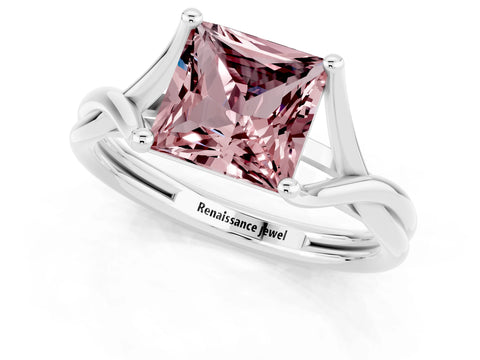 White gold Princess Cut Morganite Solitaire Twist Band Prong Setting Ring_37