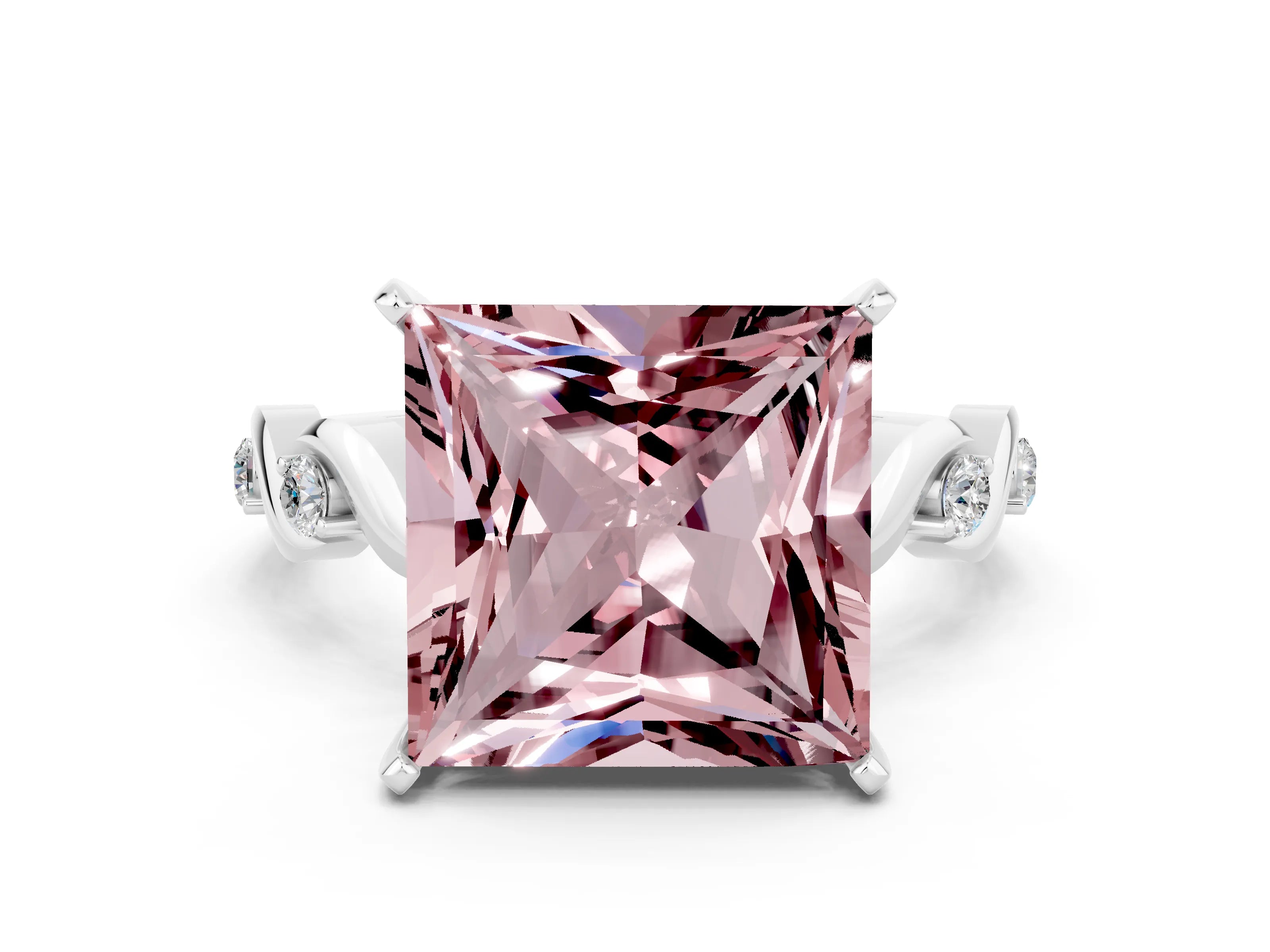 White gold Princess Cut Morganite Solitaire Twisted Band with Round  Accents and Prong Setting_12