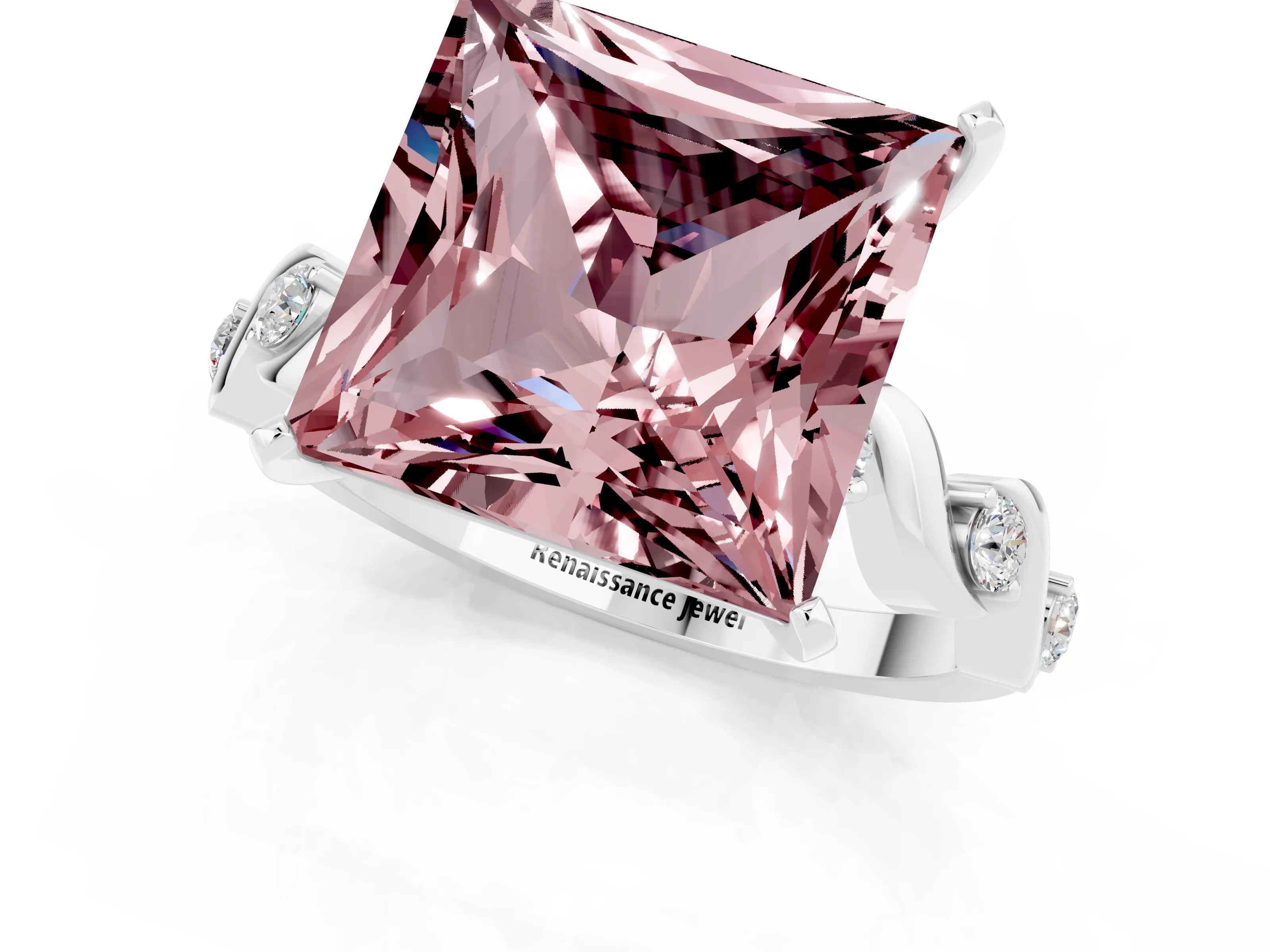 White gold Princess Cut Morganite Solitaire Twisted Band with Round  Accents and Prong Setting_13