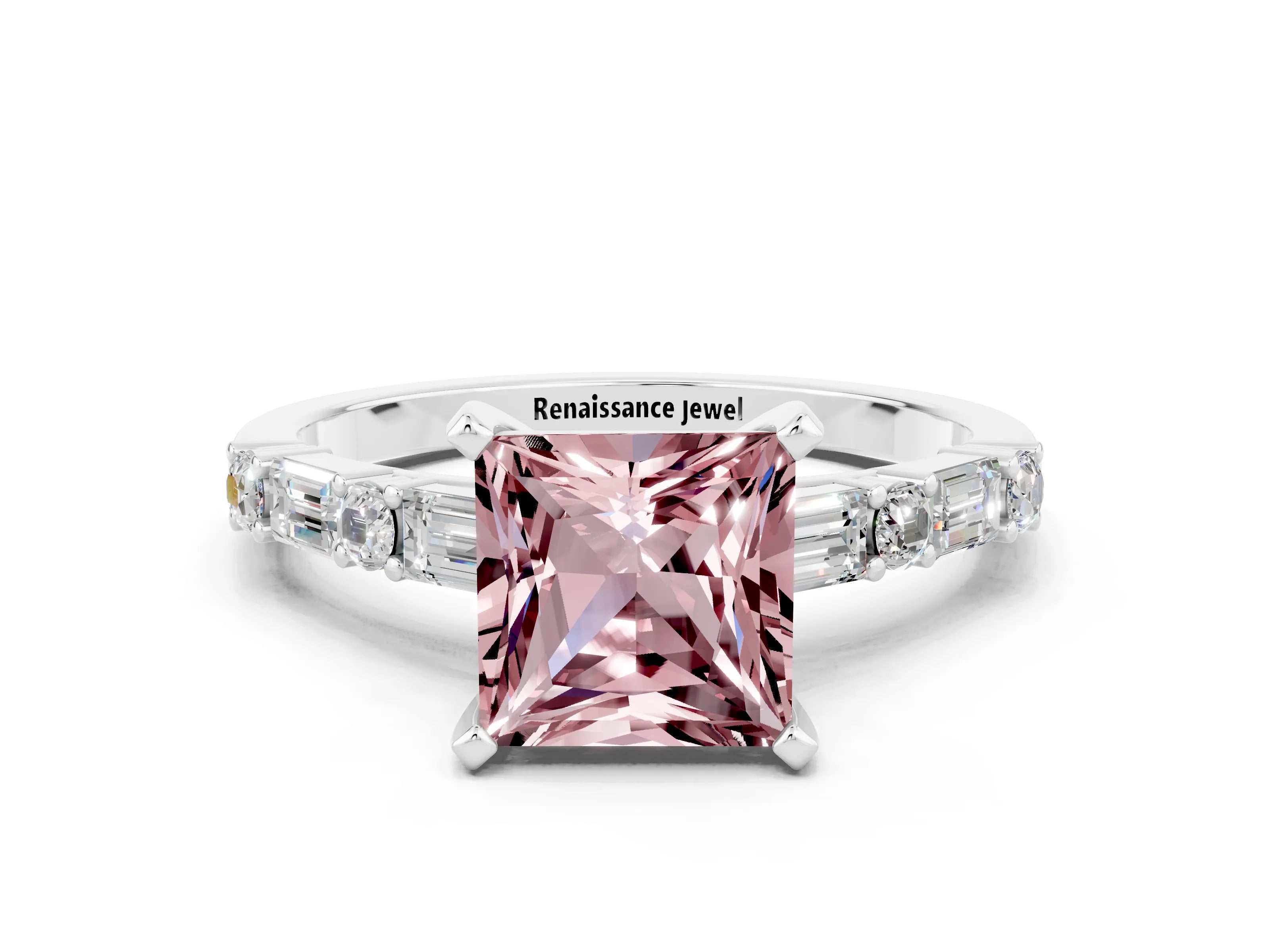 White gold Princess Cut Morganite Solitaire with Side Baguettes and Channel Set Band
