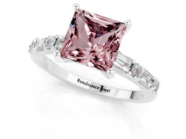 Silver Princess Cut Morganite Solitaire with Side Baguettes and Channel Set Band