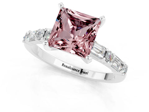 White gold Princess Cut Morganite Solitaire with Side Baguettes and Channel Set Band_1