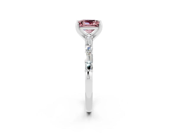 Platinum Princess Cut Morganite Solitaire with Side Baguettes and Channel Set Band