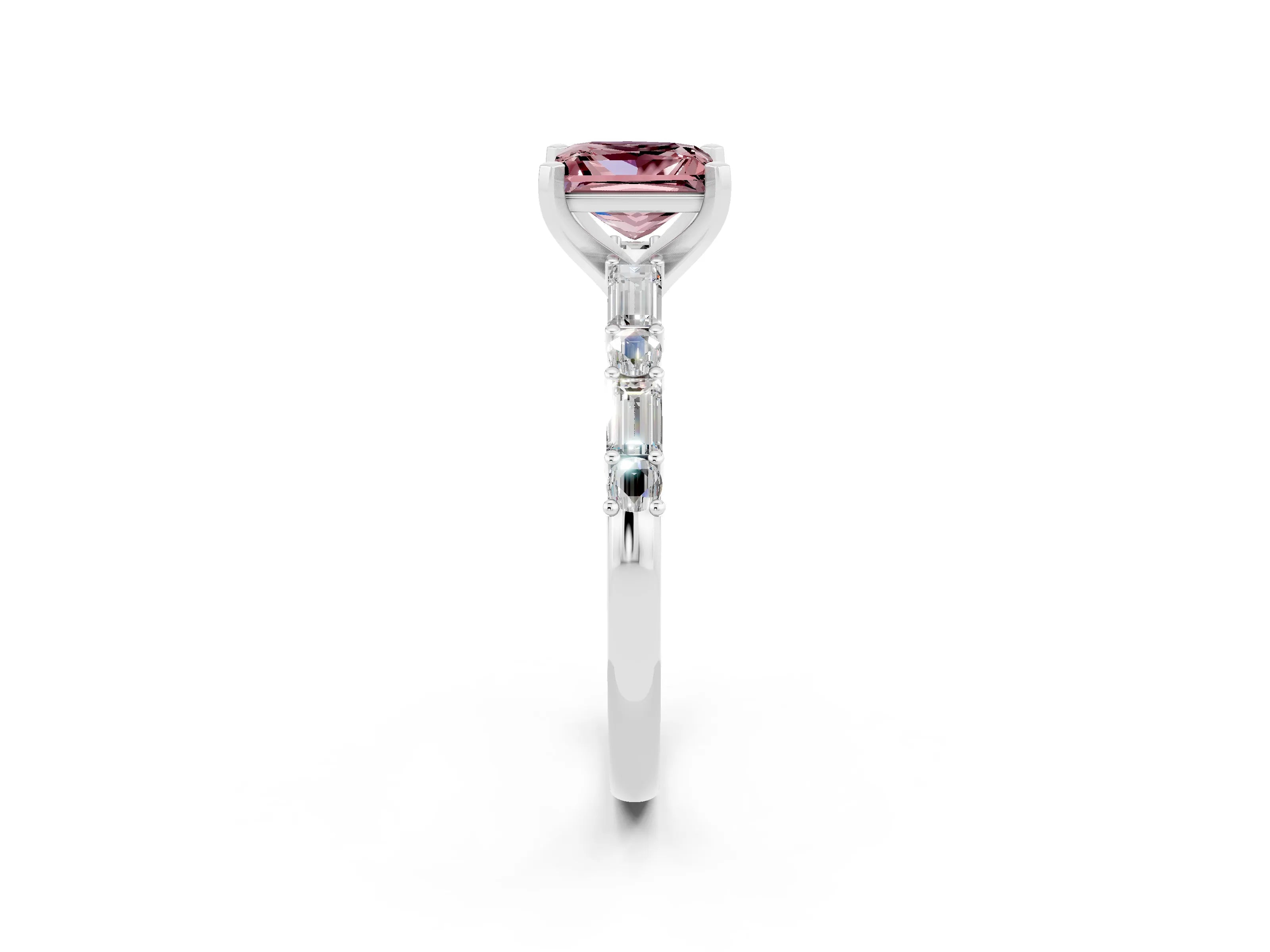 White gold Princess Cut Morganite Solitaire with Side Baguettes and Channel Set Band_2