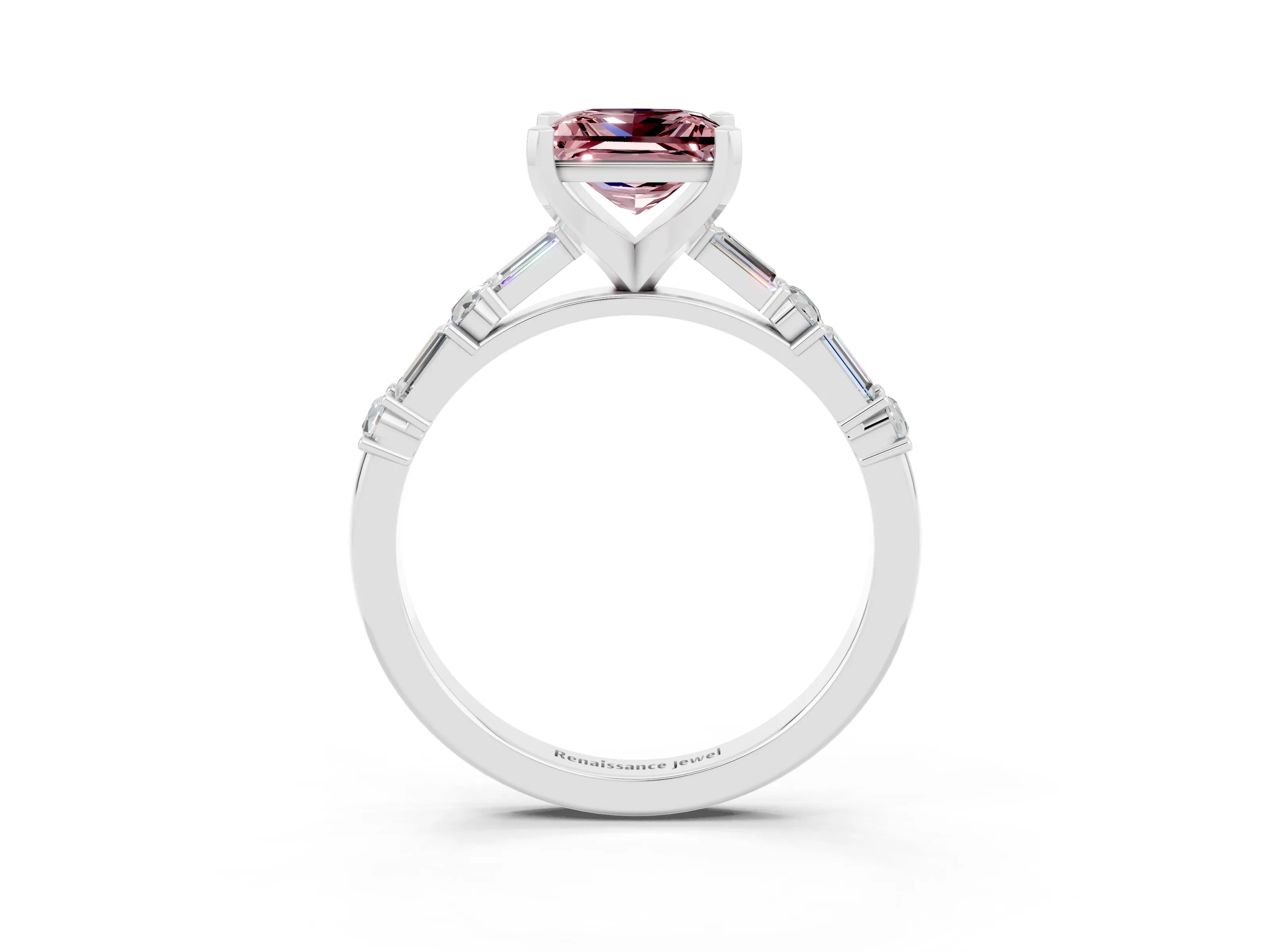 White gold Princess Cut Morganite Solitaire with Side Baguettes and Channel Set Band_3