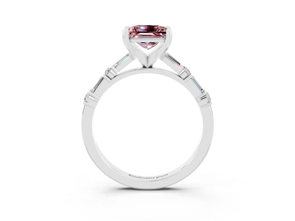 Silver Princess Cut Morganite Solitaire with Side Baguettes and Channel Set Band