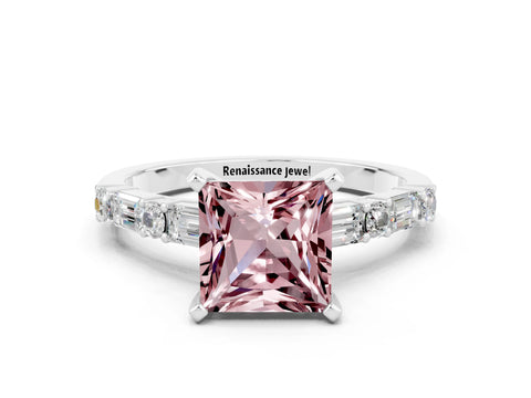 White gold Princess Cut Morganite Solitaire with Side Baguettes and Channel Set Band