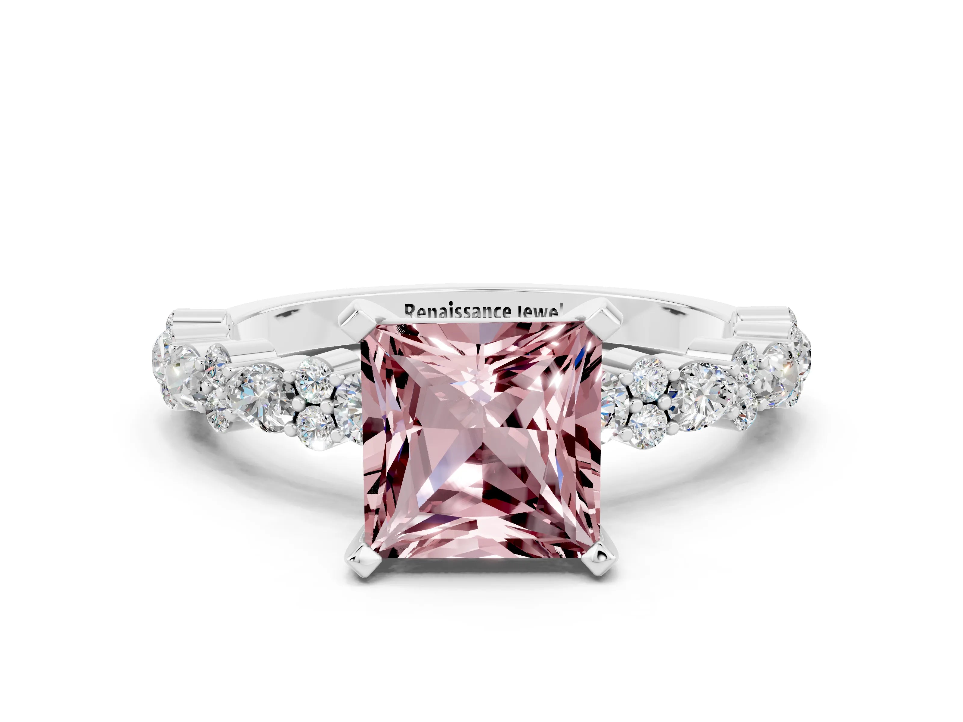 White gold Princess Cut Morganite Solitaire with Side Stones, Pave Band, Four-Prong Setting_36