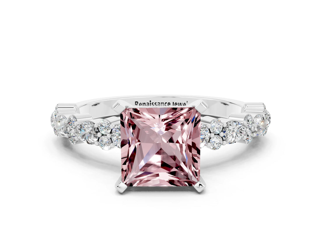 White gold Princess Cut Morganite Solitaire with Side Stones, Pave Band, Four-Prong Setting_36