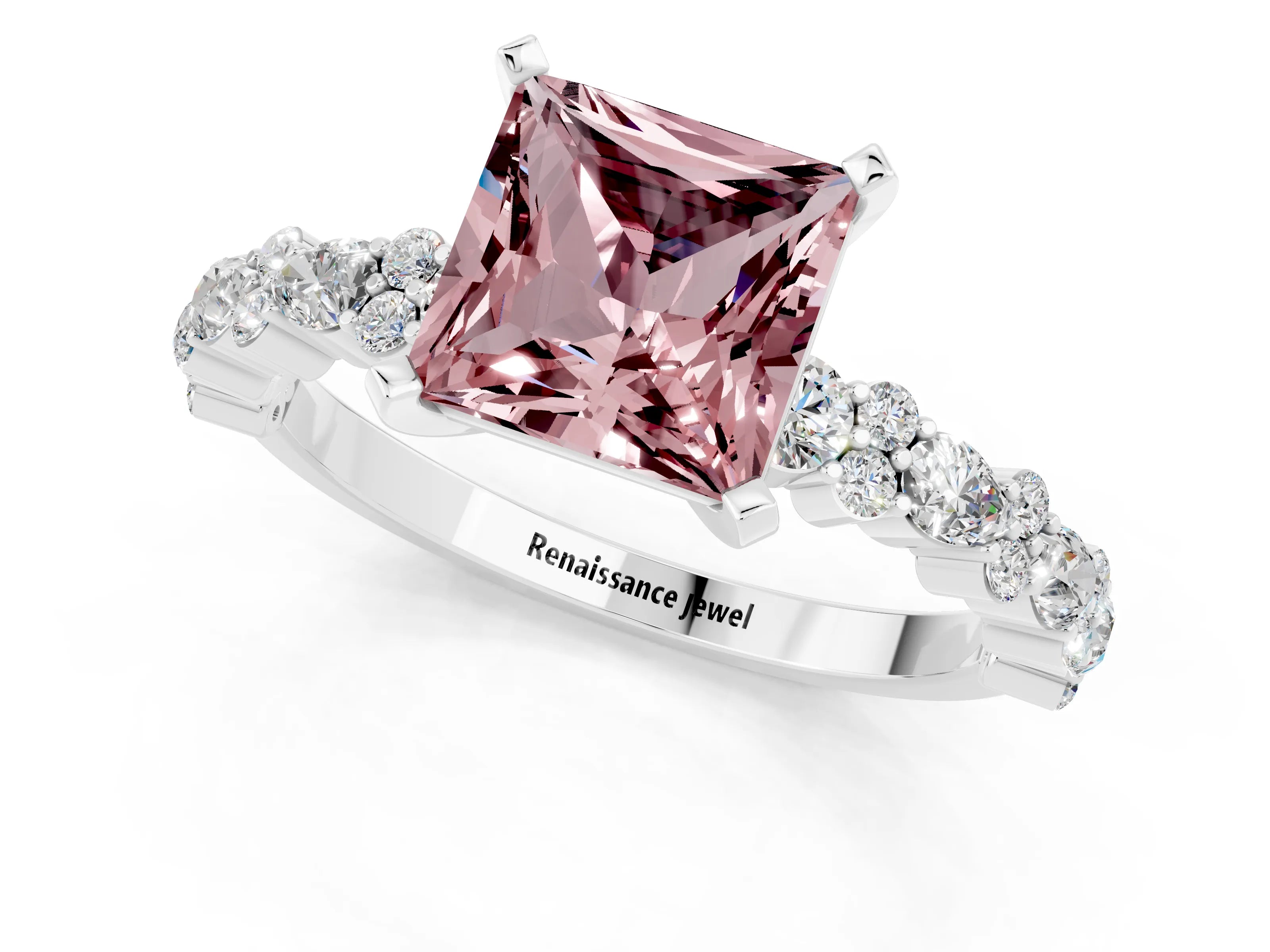 White gold Princess Cut Morganite Solitaire with Side Stones, Pave Band, Four-Prong Setting_37