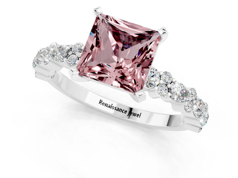 White gold Princess Cut Morganite Solitaire with Side Stones, Pave Band, Four-Prong Setting_37
