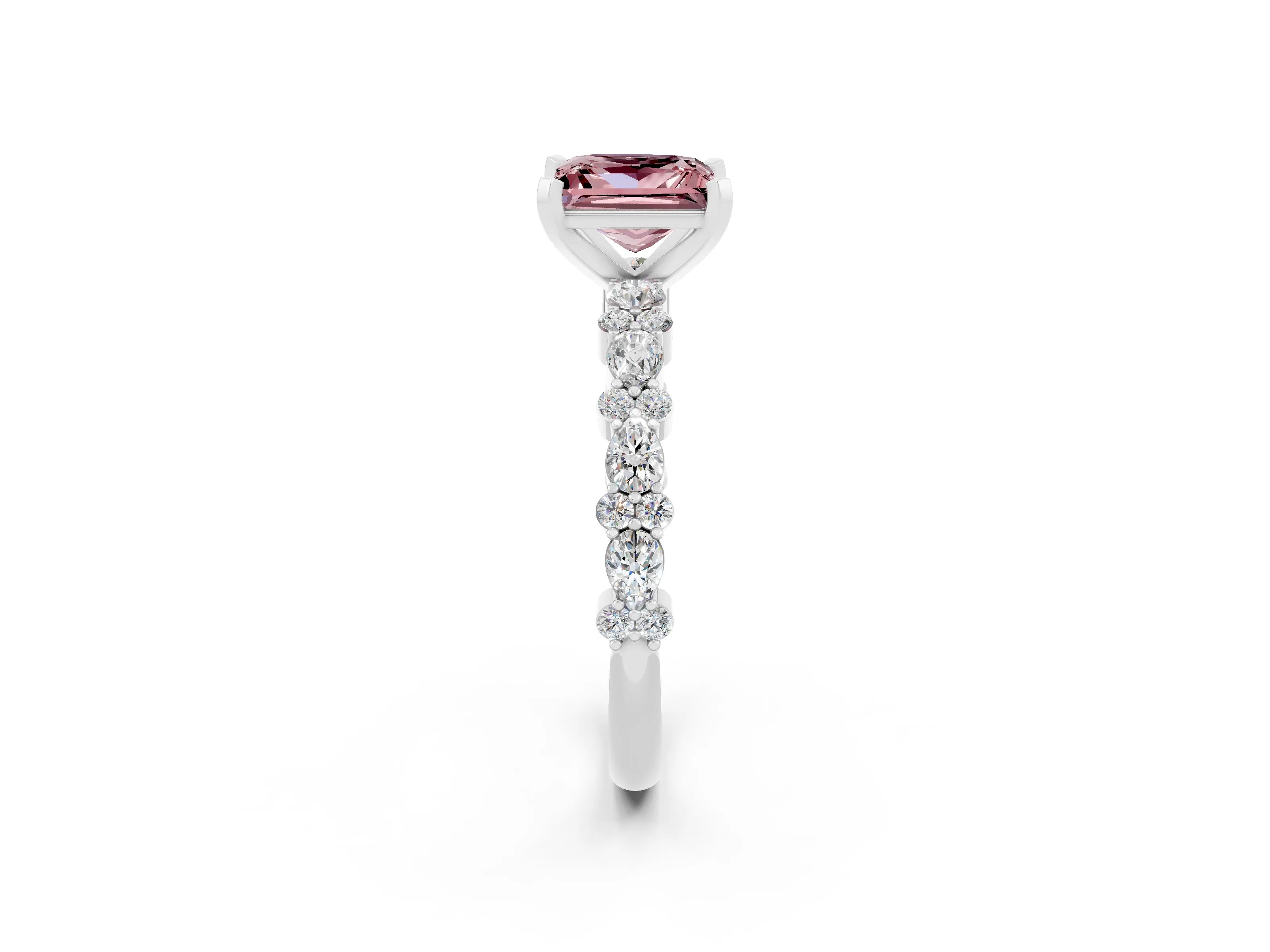 White gold Princess Cut Morganite Solitaire with Side Stones, Pave Band, Four-Prong Setting_38
