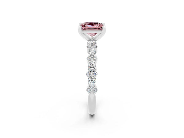 Platinum Princess Cut Morganite Side Stone Solitaire Ring with Round  and Four-Prong Setting