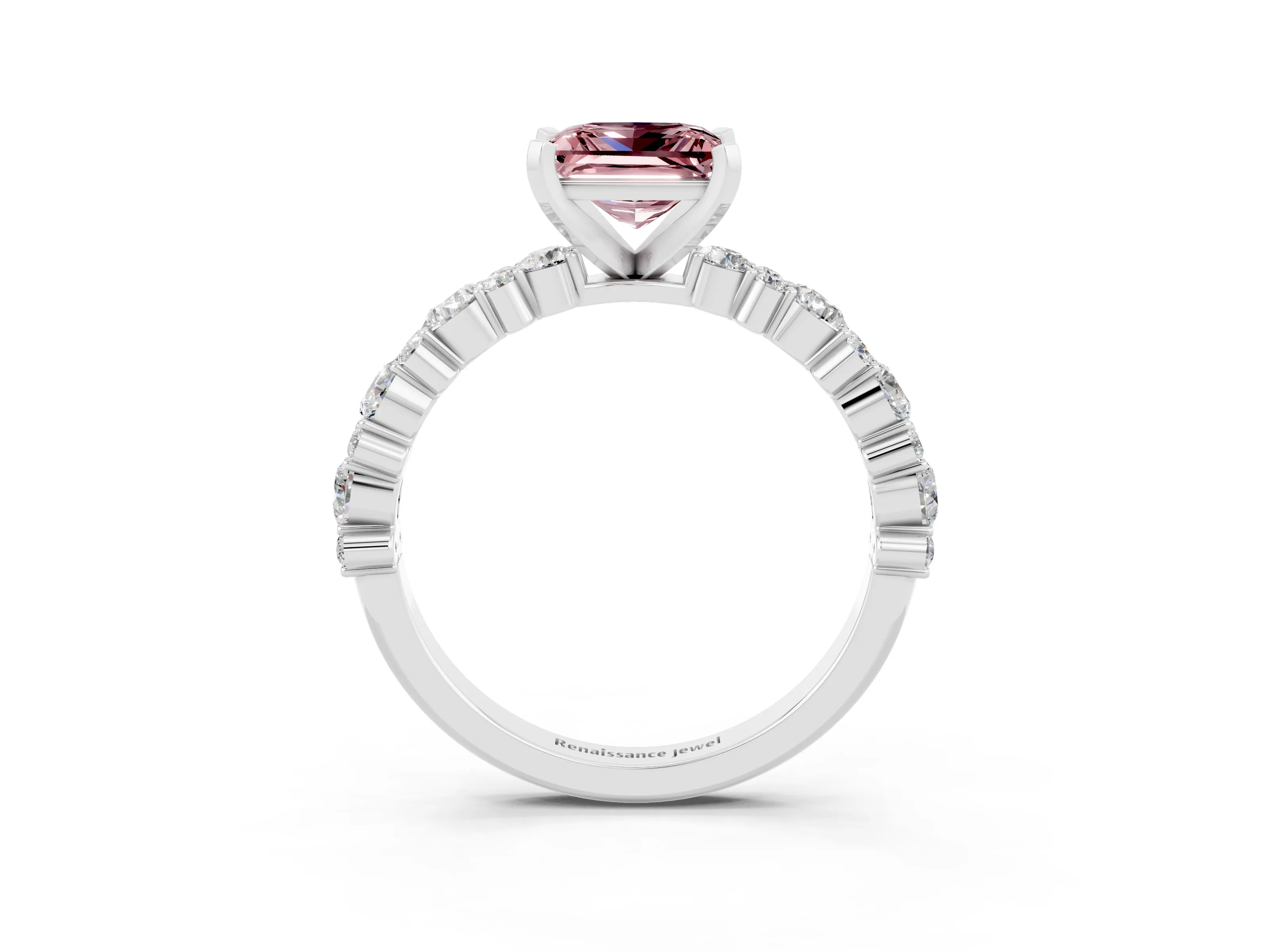 White gold Princess Cut Morganite Solitaire with Side Stones, Pave Band, Four-Prong Setting_39