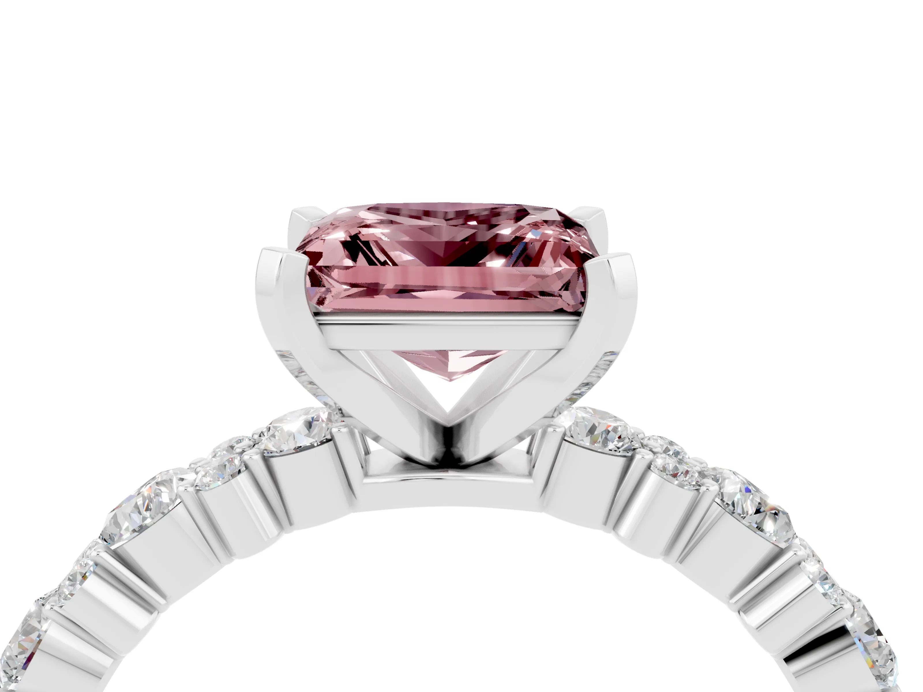 White gold Princess Cut Morganite Solitaire with Side Stones, Pave Band, Four-Prong Setting_40
