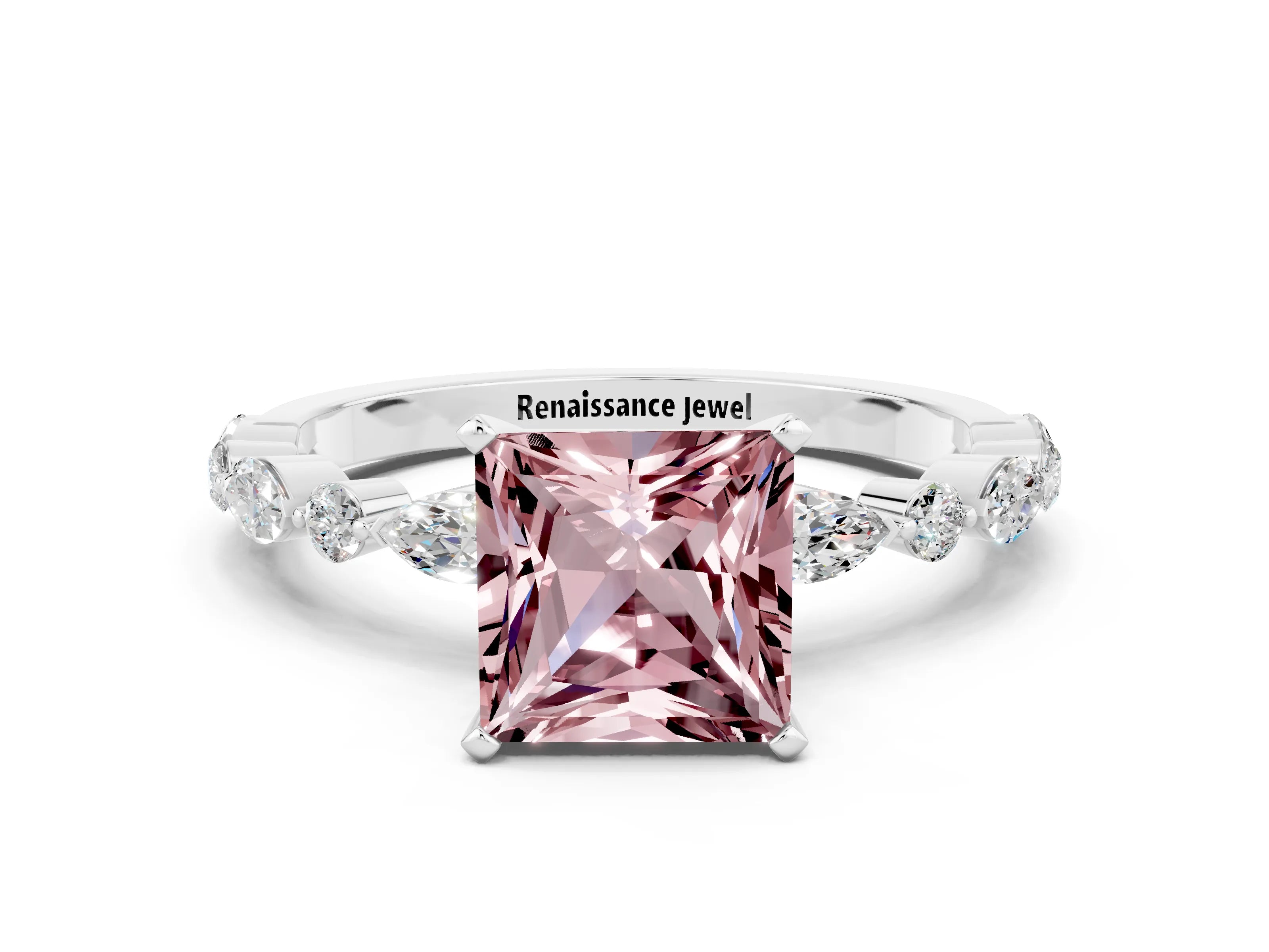 White gold Princess Cut Morganite Solitaire with Side Stones on a Pavé Band and Four-Prong Setting