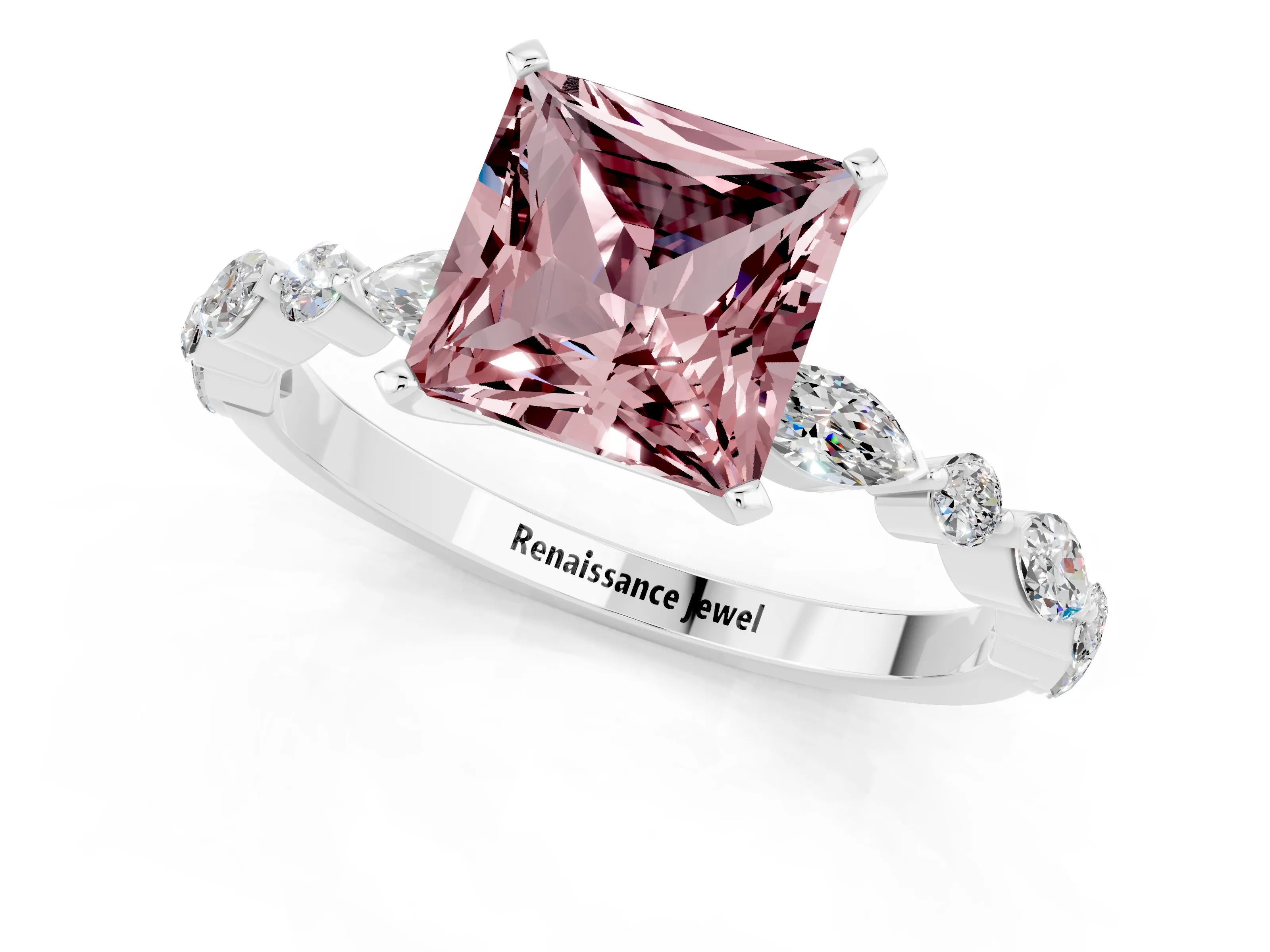 White gold Princess Cut Morganite Solitaire with Side Stones on a Pavé Band and Four-Prong Setting_1