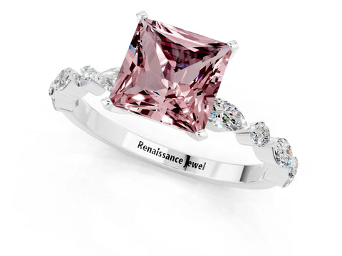 White gold Princess Cut Morganite Solitaire with Side Stones on a Pavé Band and Four-Prong Setting_1