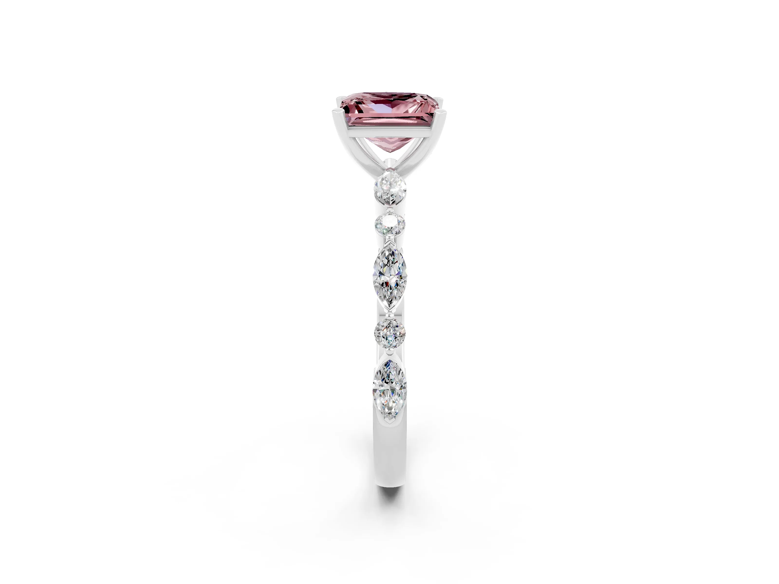 White gold Princess Cut Morganite Solitaire with Side Stones on a Pavé Band and Four-Prong Setting_2