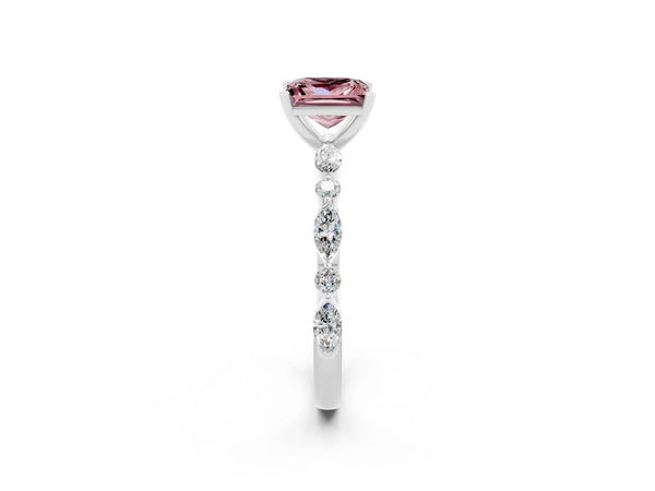 Silver Princess Cut Morganite Ring with Marquise and Round  Side Stones and Four-Prong Setting