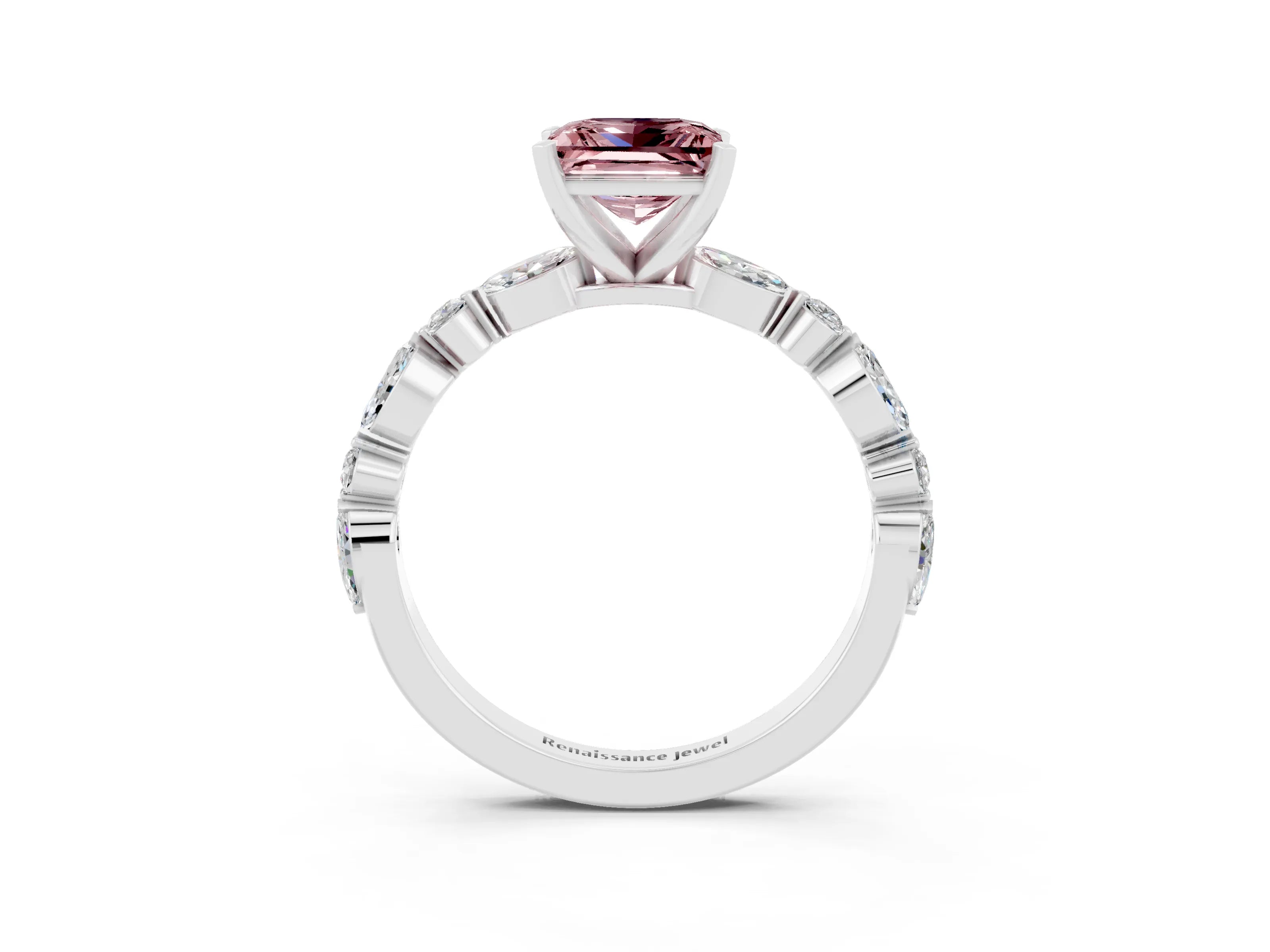 White gold Princess Cut Morganite Solitaire with Side Stones on a Pavé Band and Four-Prong Setting_3