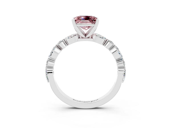 Silver Princess Cut Morganite Ring with Marquise and Round  Side Stones and Four-Prong Setting
