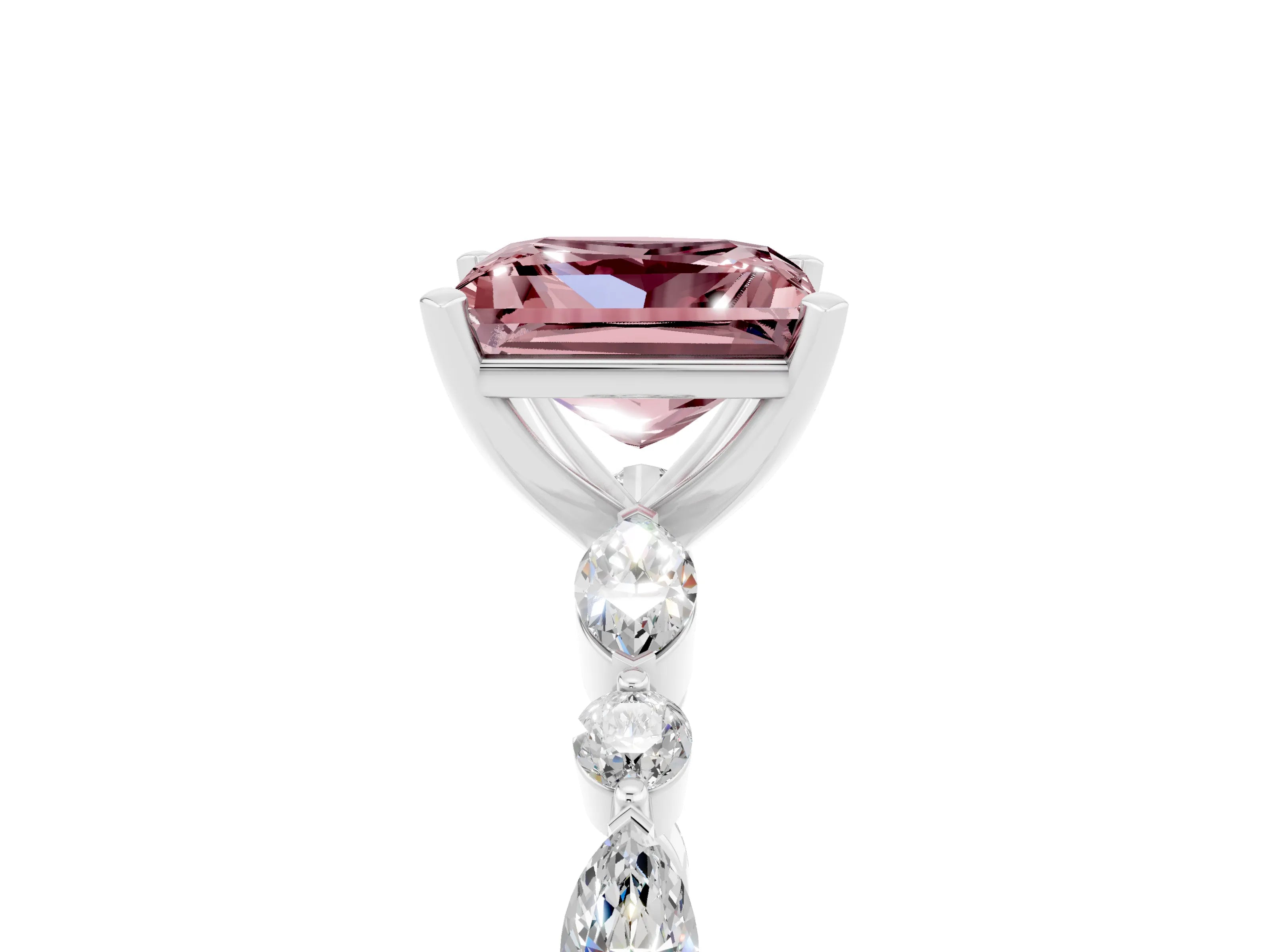 White gold Princess Cut Morganite Solitaire with Side Stones on a Pavé Band and Four-Prong Setting_5