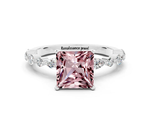 White gold Princess Cut Morganite Solitaire with Side Stones on a Pavé Band and Four-Prong Setting