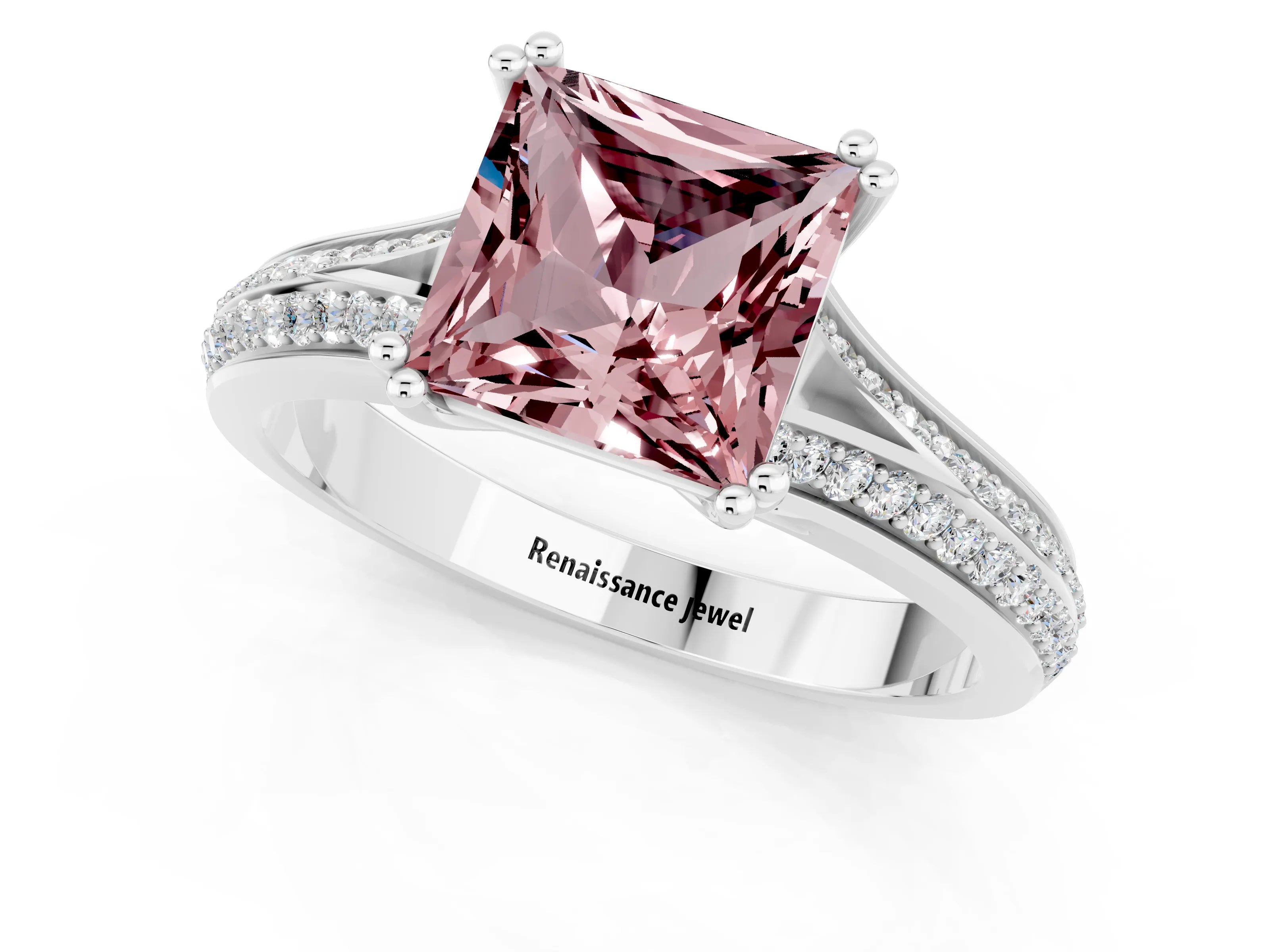 White gold Princess Cut Morganite Split Shank Engagement Ring with Pavé Band_1