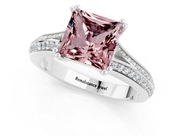 Platinum Princess Cut Morganite Split Shank Engagement Ring with Pavé Band
