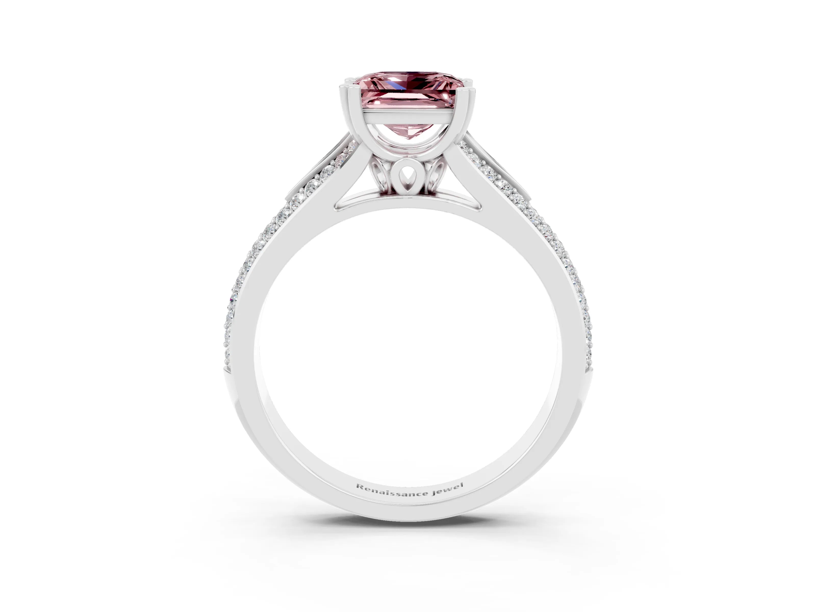 White gold Princess Cut Morganite Split Shank Engagement Ring with Pavé Band_3