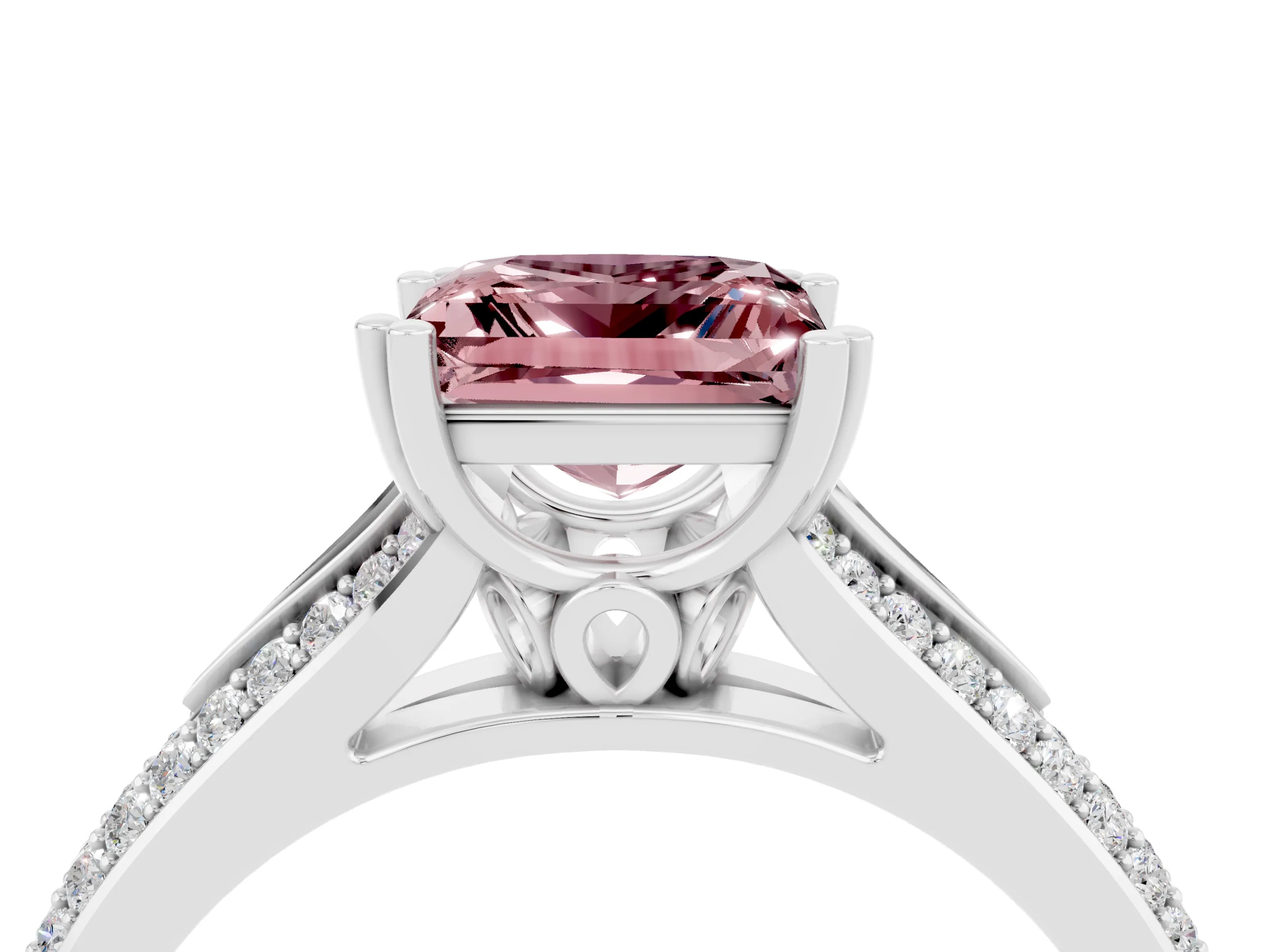 White gold Princess Cut Morganite Split Shank Engagement Ring with Pavé Band_4