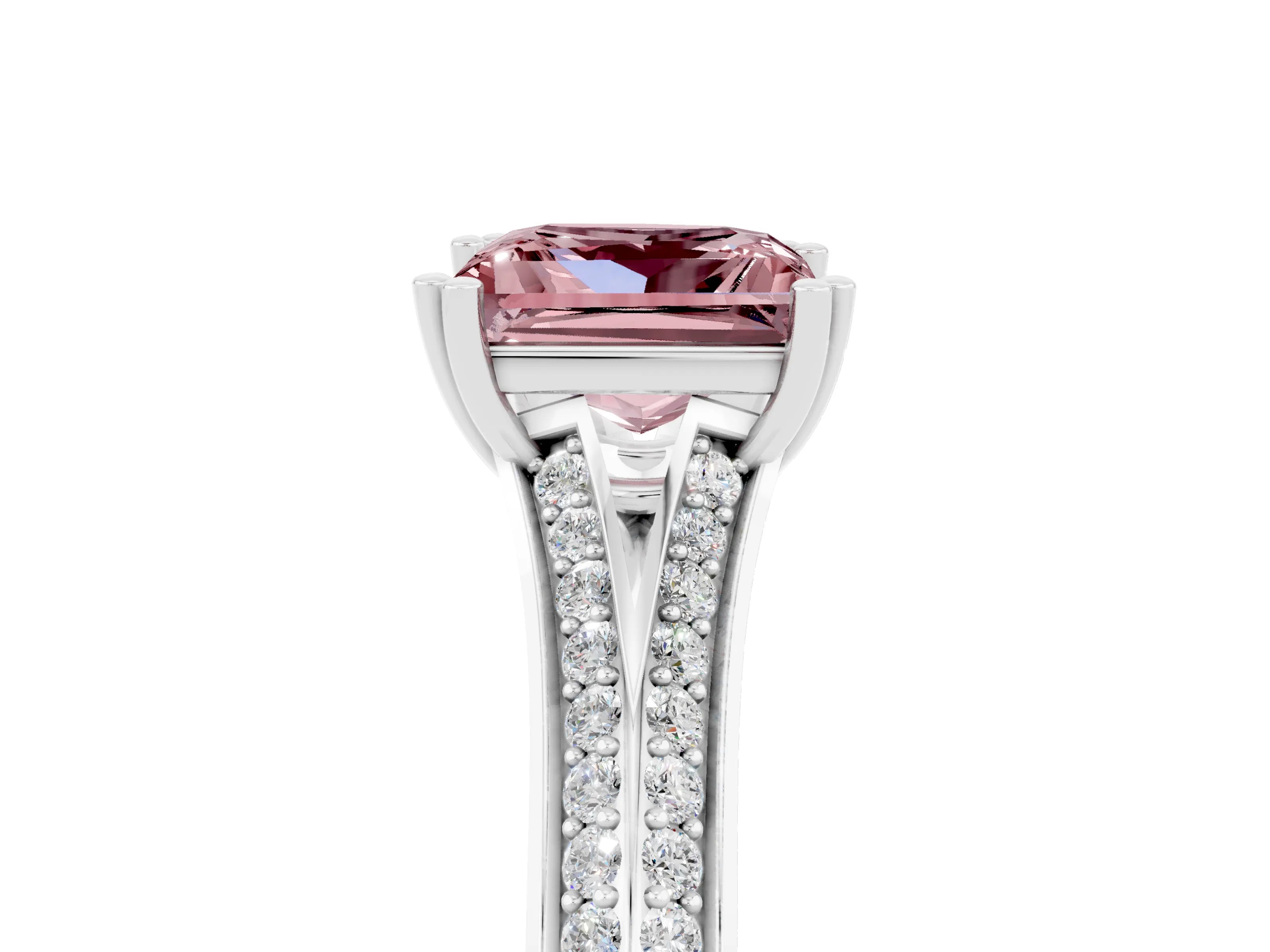 White gold Princess Cut Morganite Split Shank Engagement Ring with Pavé Band_5