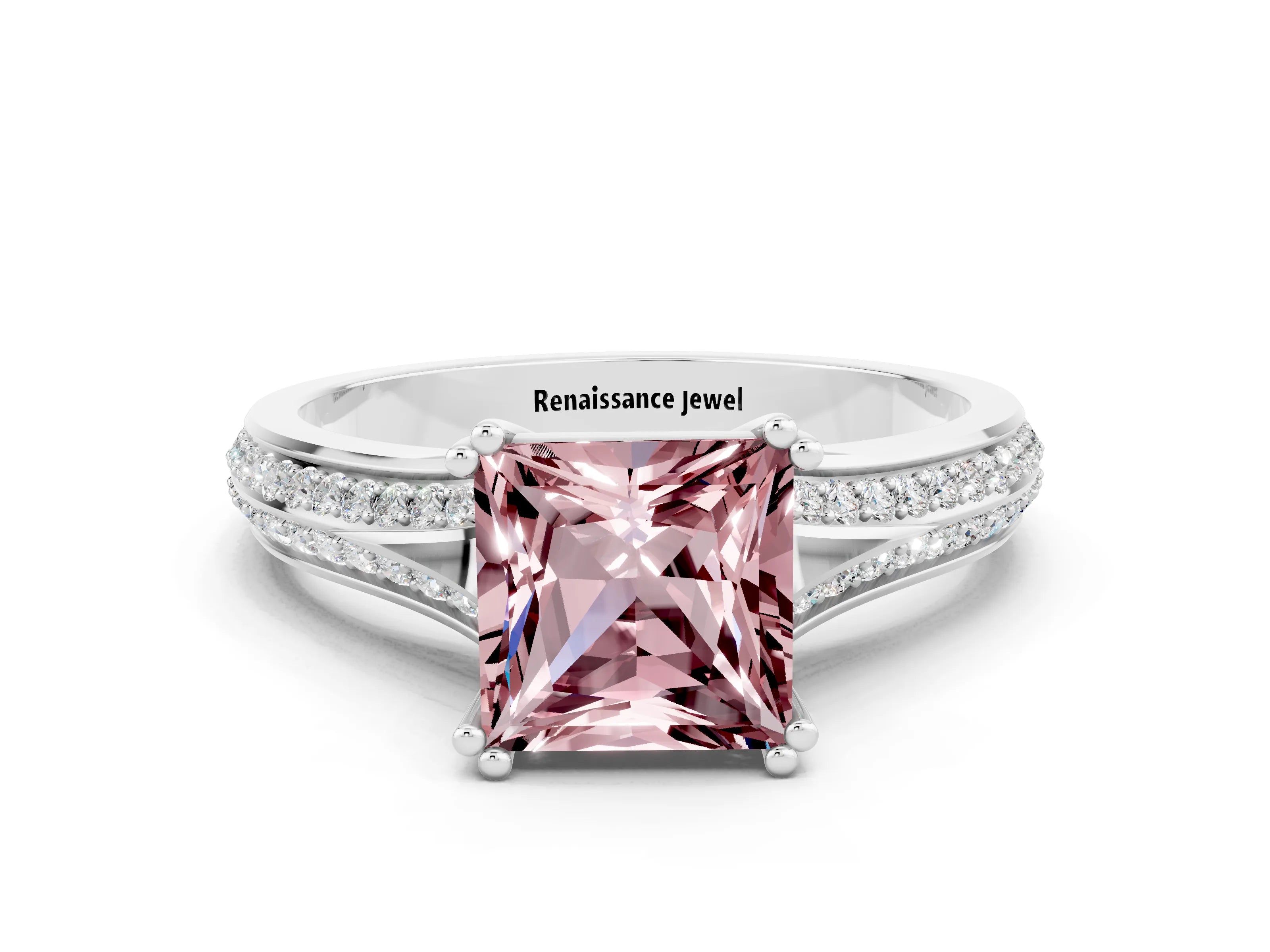 White gold Princess Cut Morganite Split Shank Engagement Ring with Pavé Band
