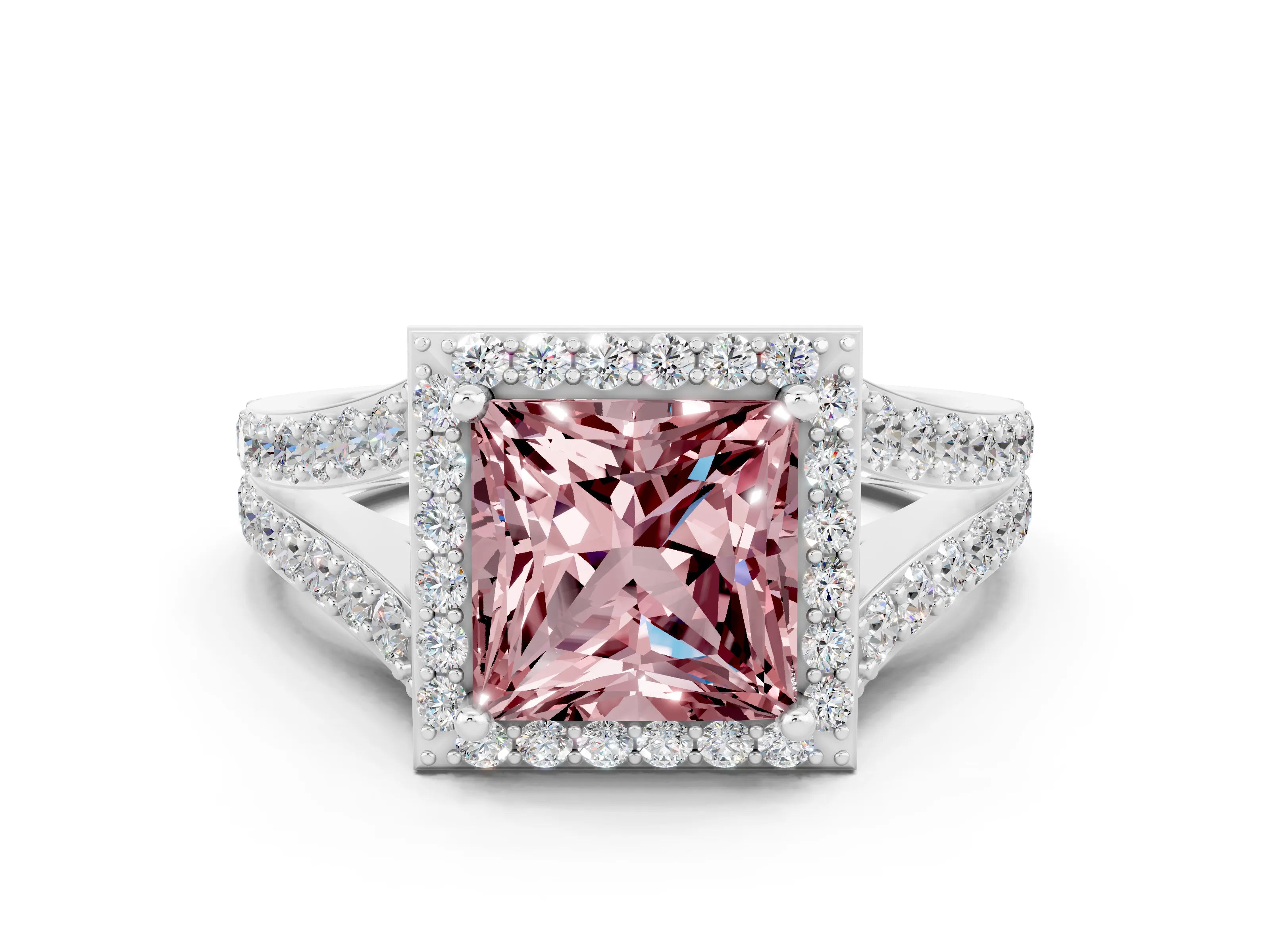White gold Princess Cut Morganite Split Shank Halo Ring with Four-Prong Setting_60
