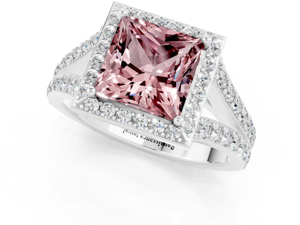 Platinum Princess Cut Morganite Split Shank Halo Ring with Four-Prong Setting