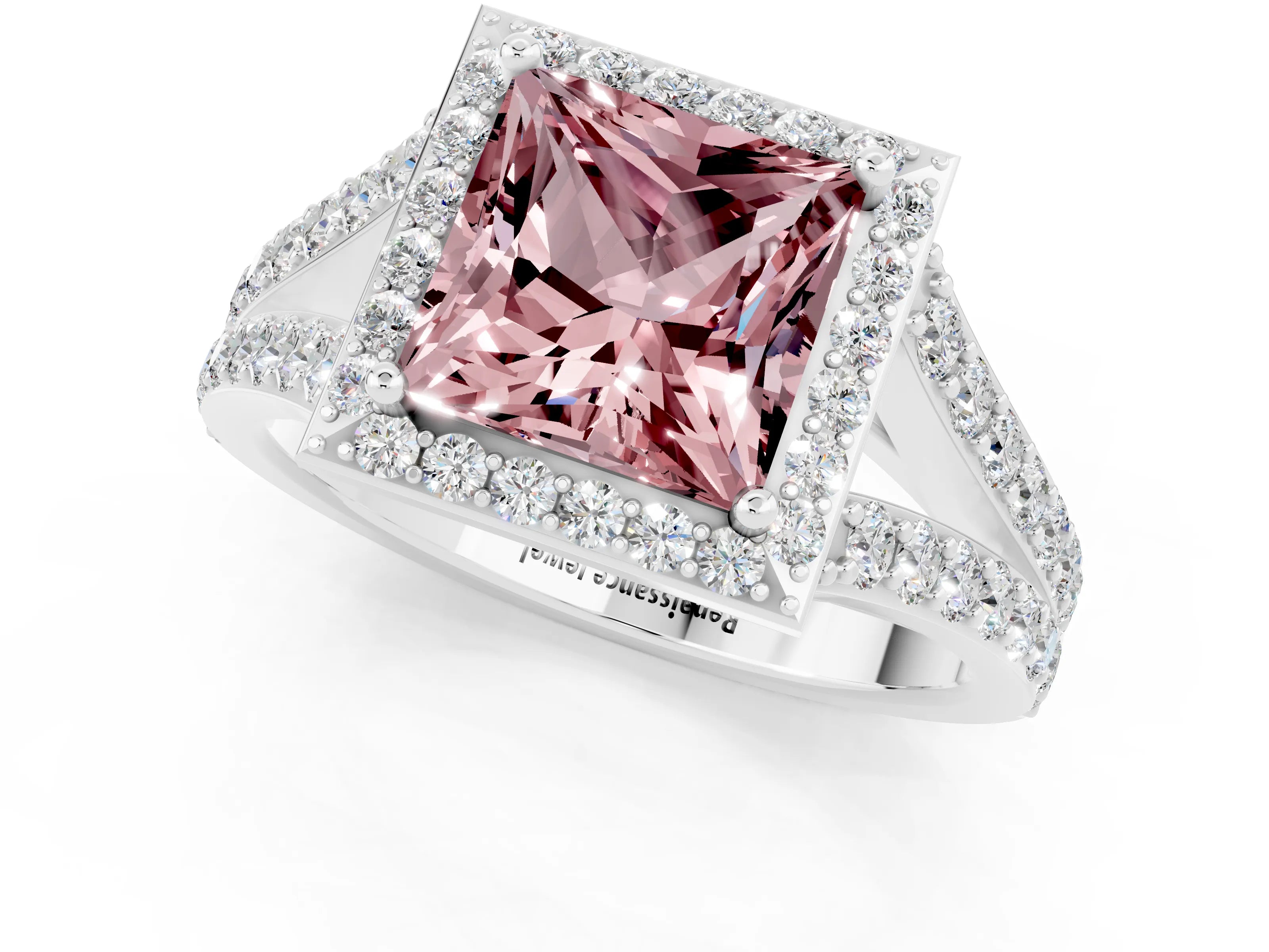 White gold Princess Cut Morganite Split Shank Halo Ring with Four-Prong Setting_61