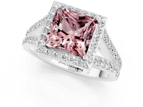 White gold Princess Cut Morganite Split Shank Halo Ring with Four-Prong Setting_61