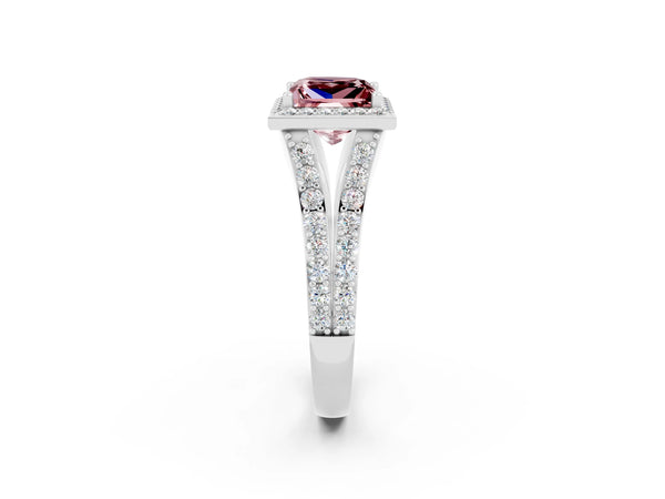 White gold Princess Cut Morganite Split Shank Halo Ring with Four-Prong Setting