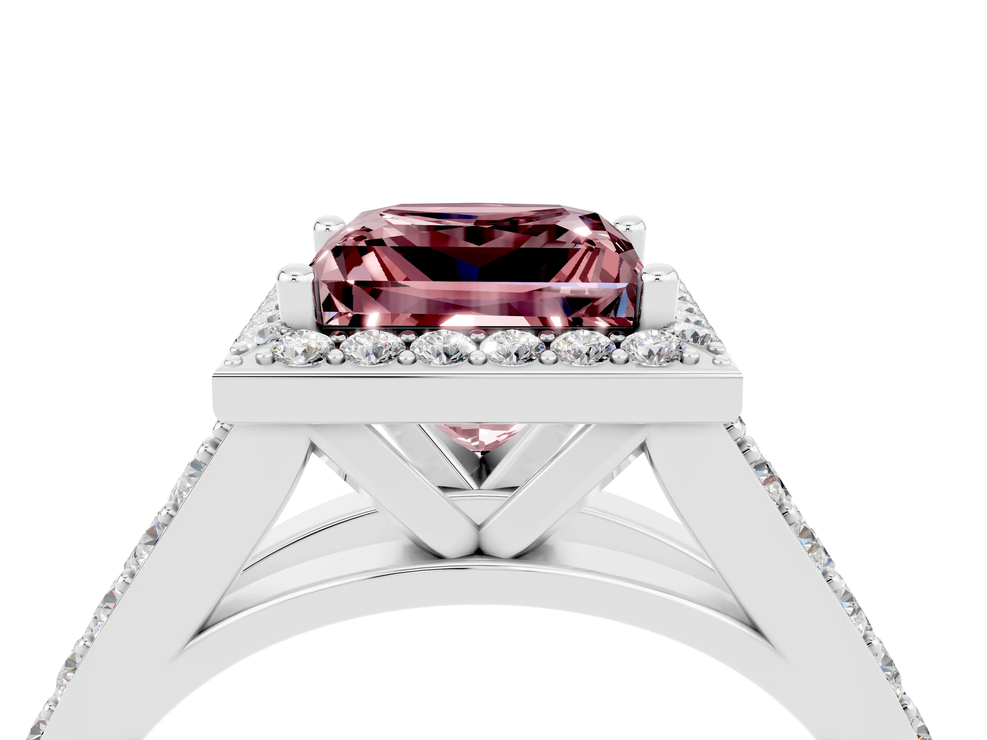White gold Princess Cut Morganite Split Shank Halo Ring with Four-Prong Setting_64