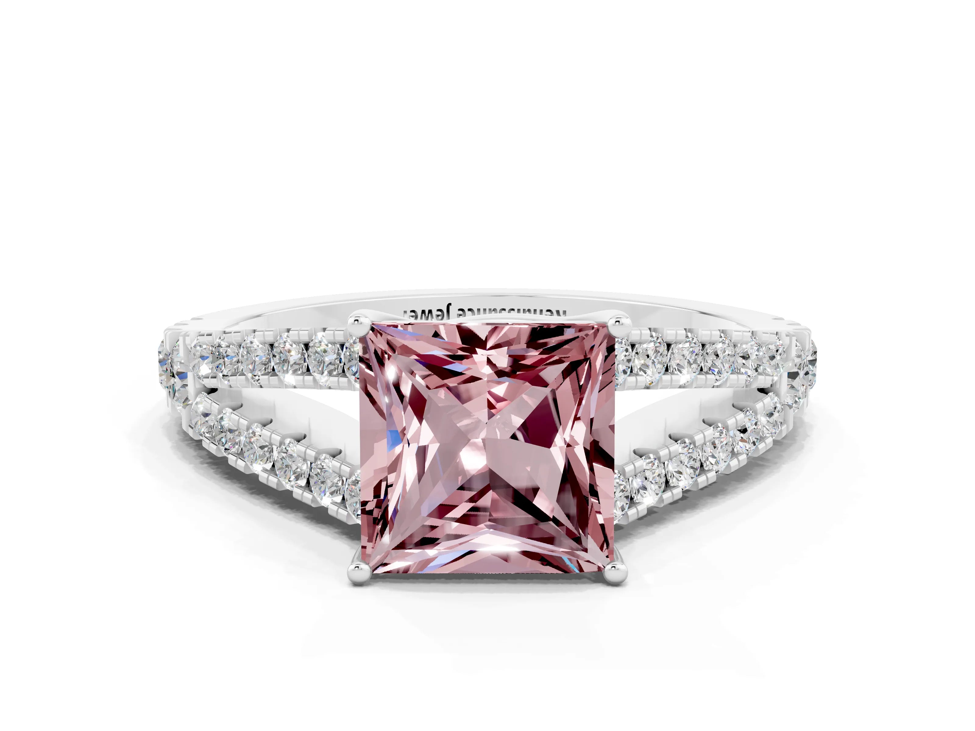 White gold Princess Cut Morganite Split Shank Pavé Engagement Ring with Four-Prong Setting_12