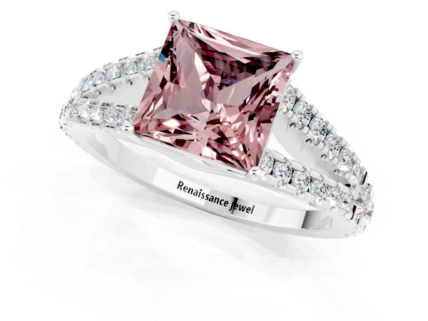 Platinum Princess Cut Morganite Split Shank Pavé Engagement Ring with Four-Prong Setting